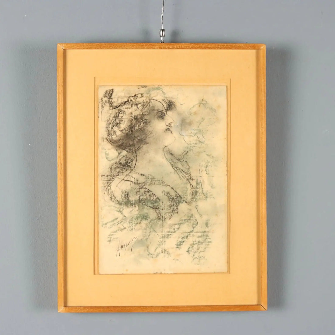 Antique Drawing Signed Antonio Mancini Mixed Technique XIX Century