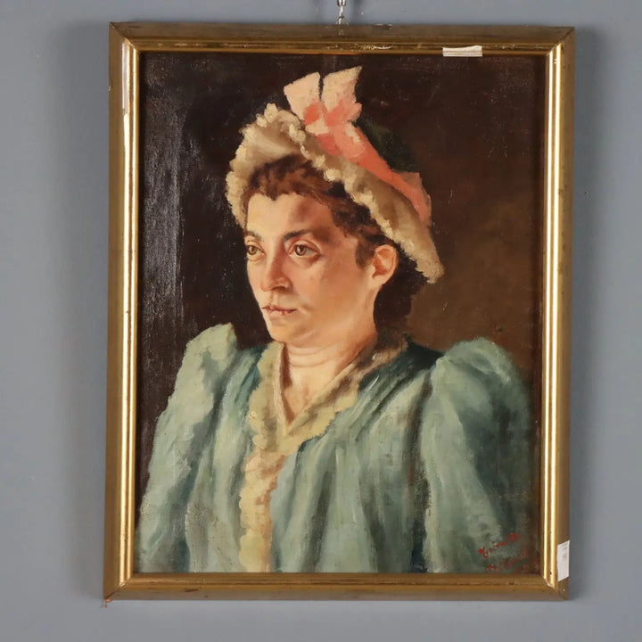 Antique Painting Female Portrait Oil on Canvas Italy 1892