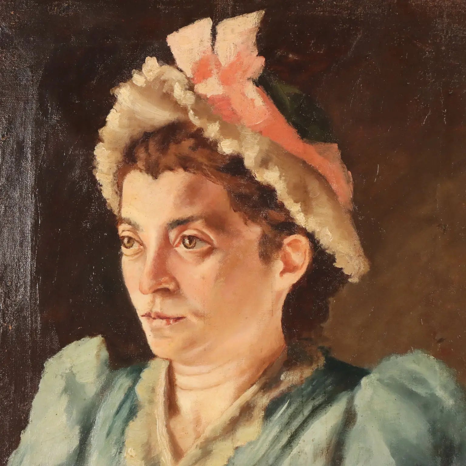 Antique Painting Female Portrait Oil on Canvas Italy 1892