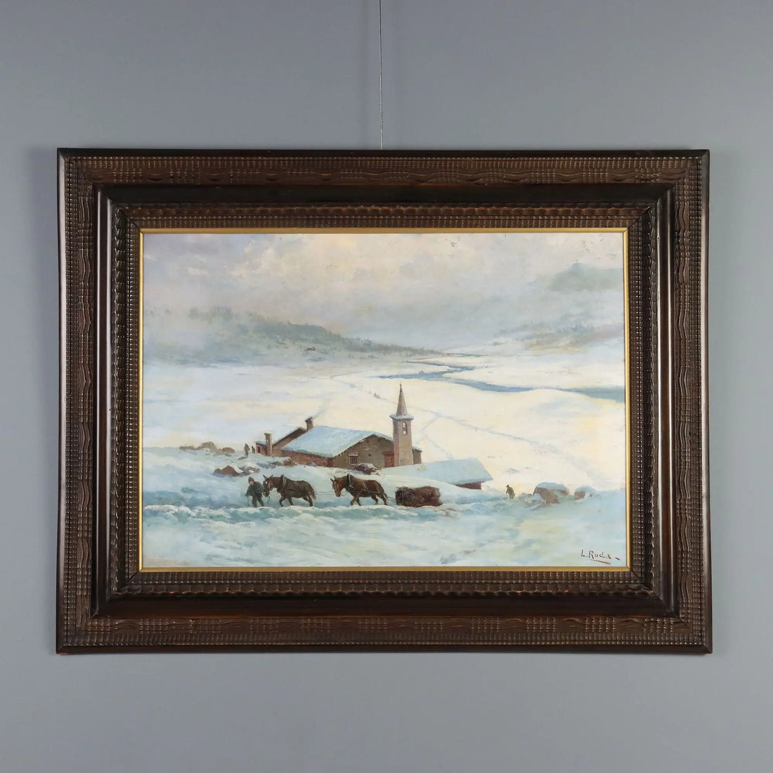 Antique Painting Leonardo Roda Winter Landscape XIX Century