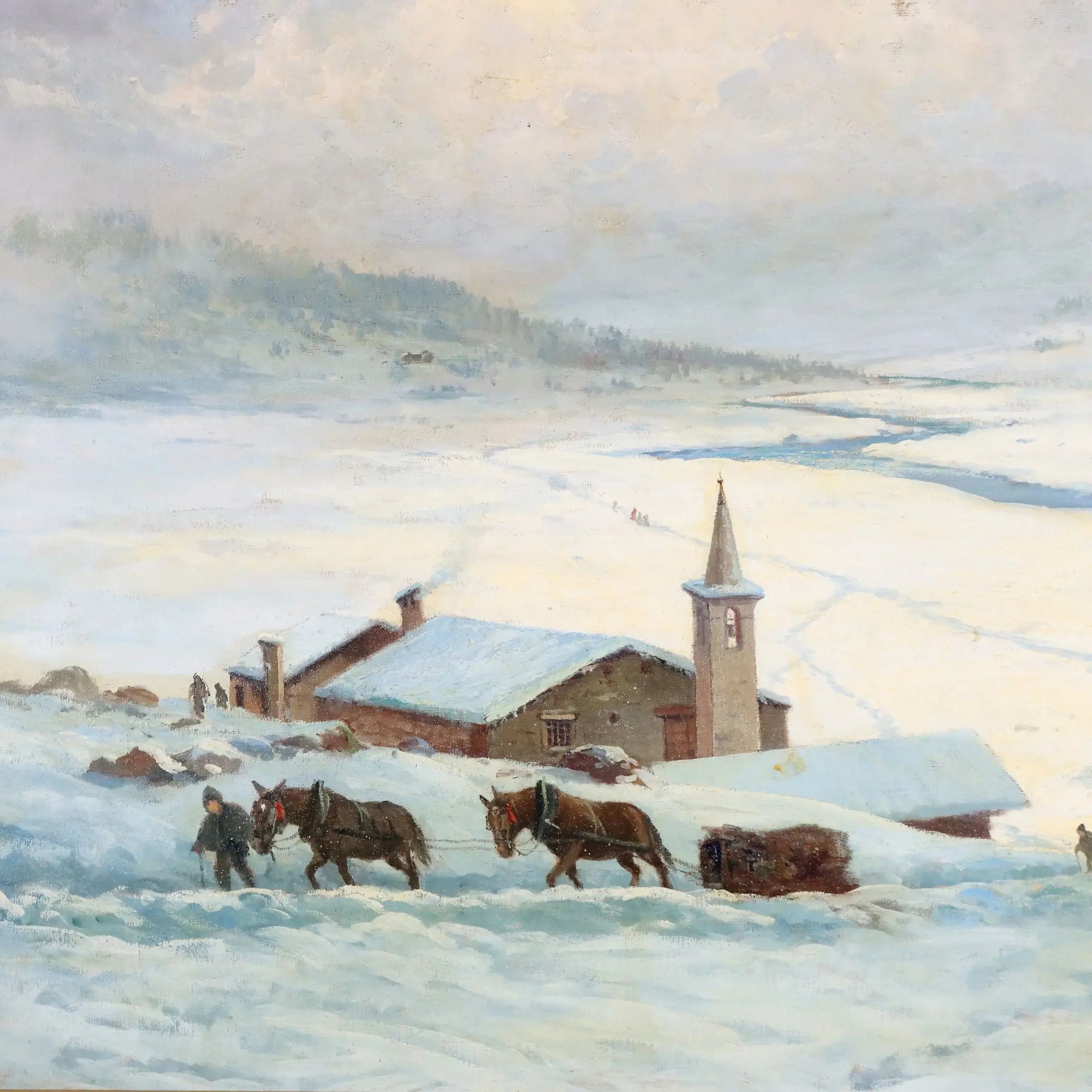 Antique Painting Leonardo Roda Winter Landscape XIX Century