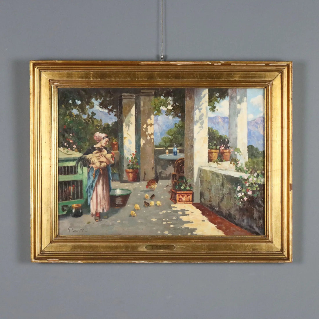 Antique Painting The Porch Oil on Canvas Signed G. Esposito XX Century