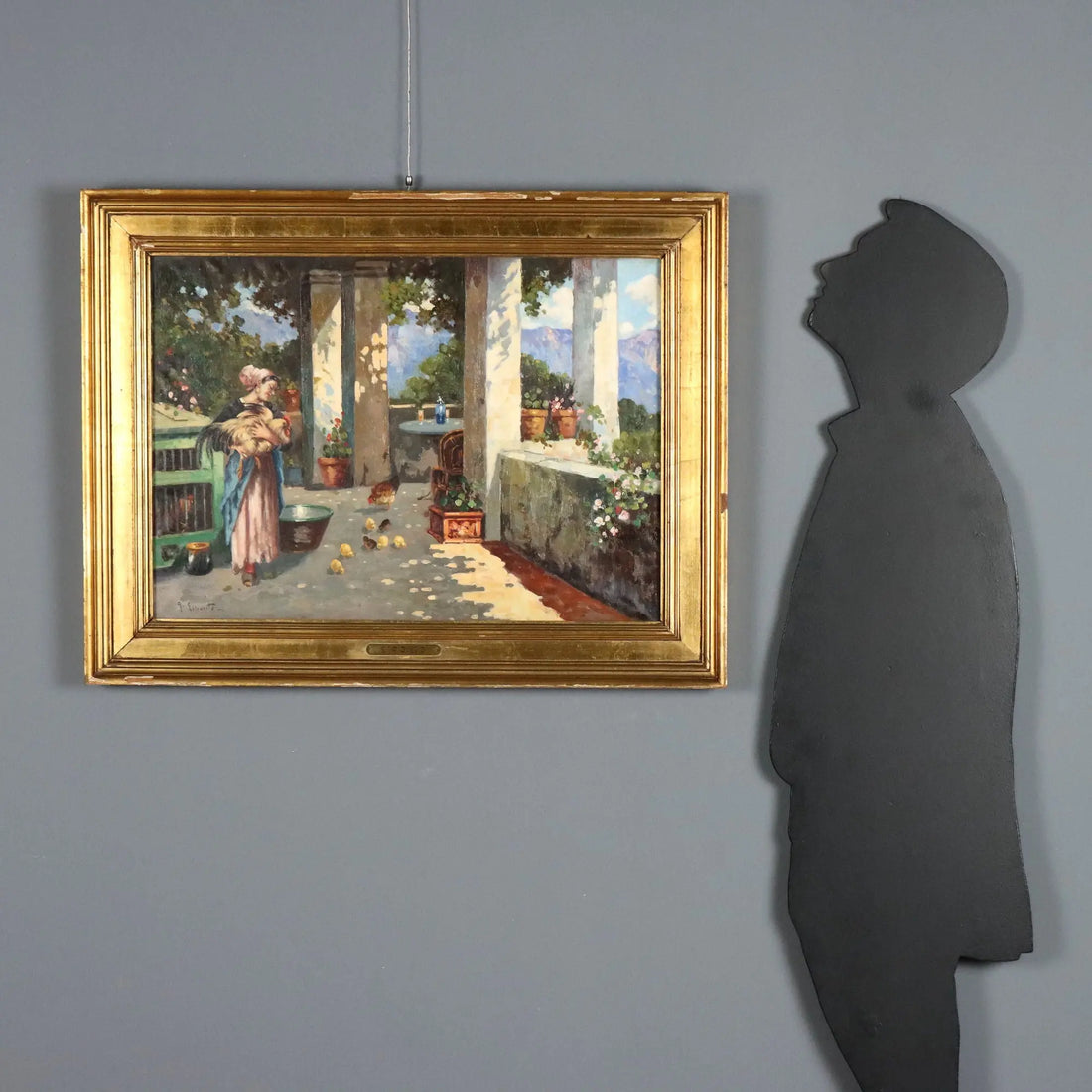 Antique Painting The Porch Oil on Canvas Signed G. Esposito XX Century