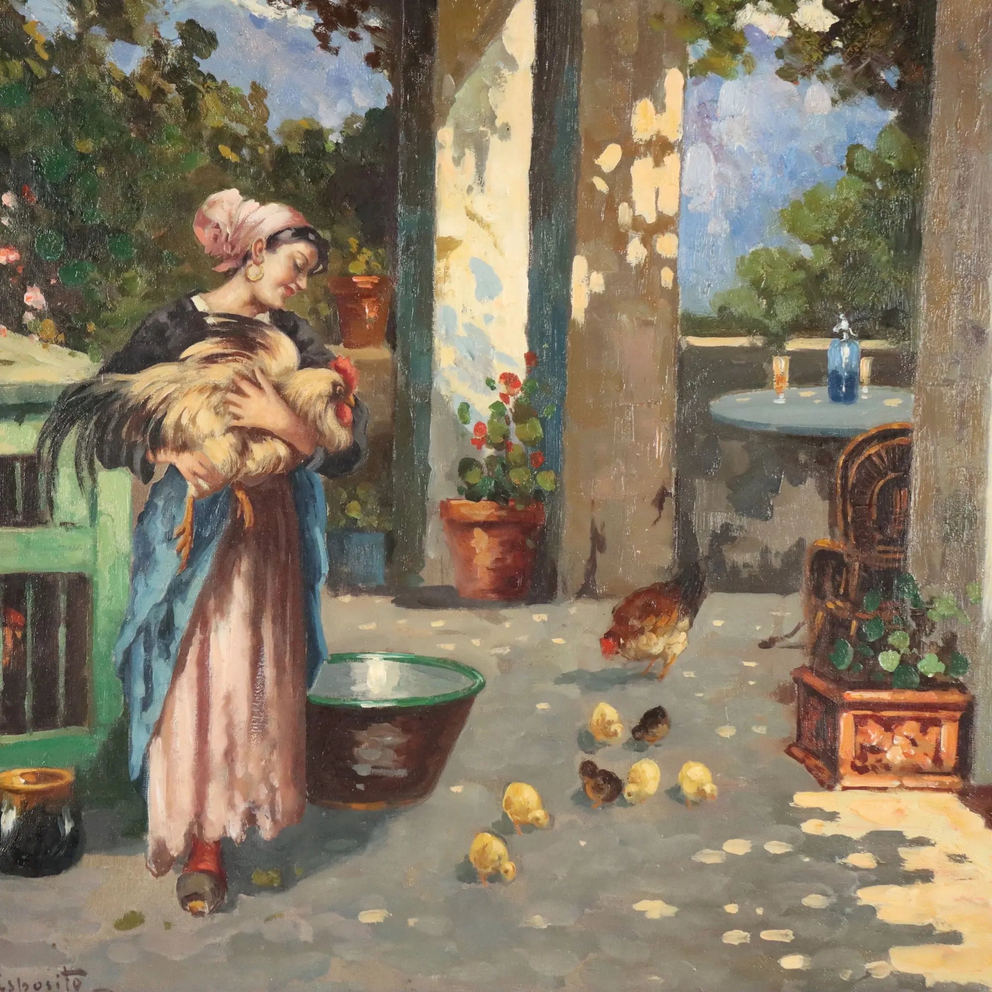 Antique Painting The Porch Oil on Canvas Signed G. Esposito XX Century