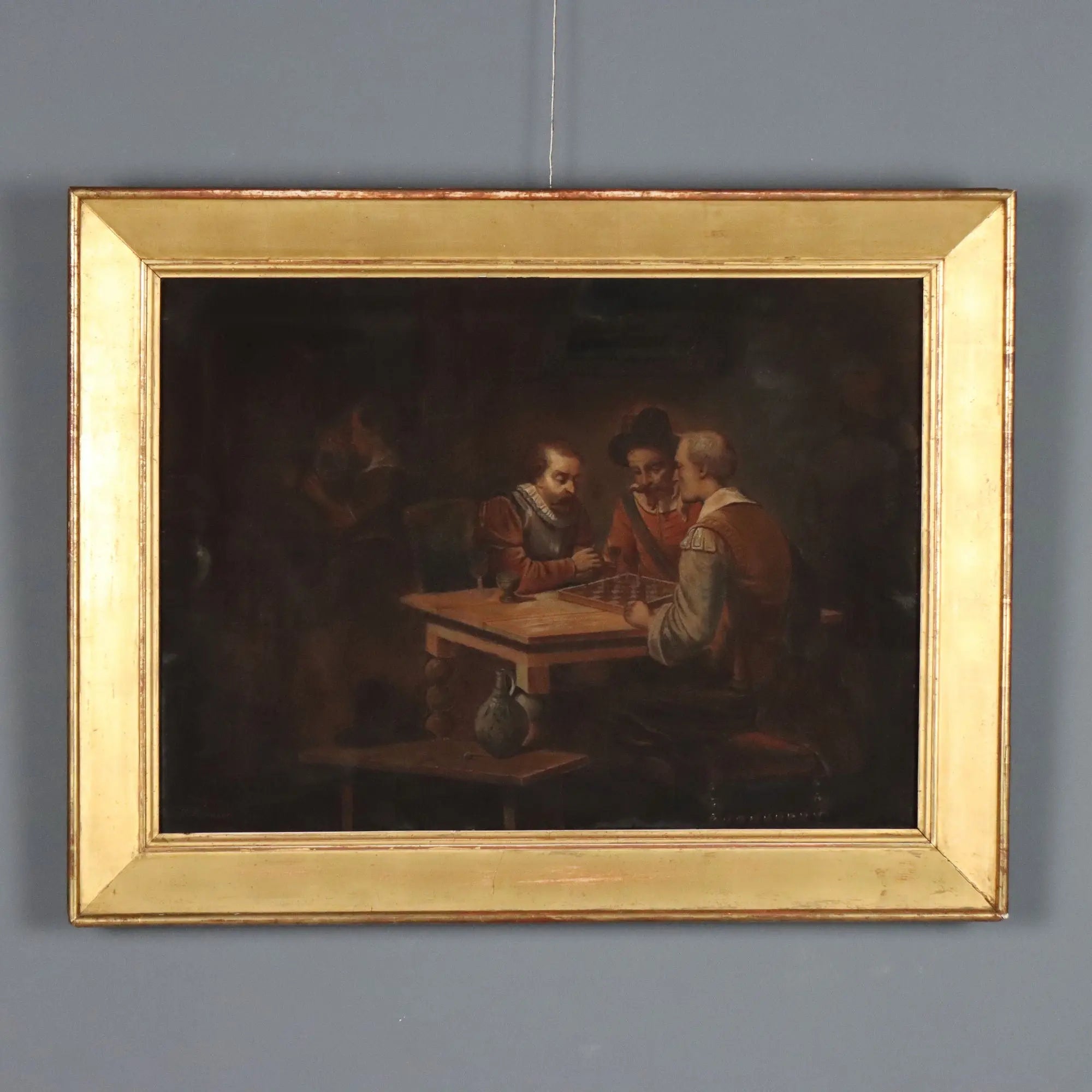 Antique Painting The Chess Players Crayons on Paper XIX Century