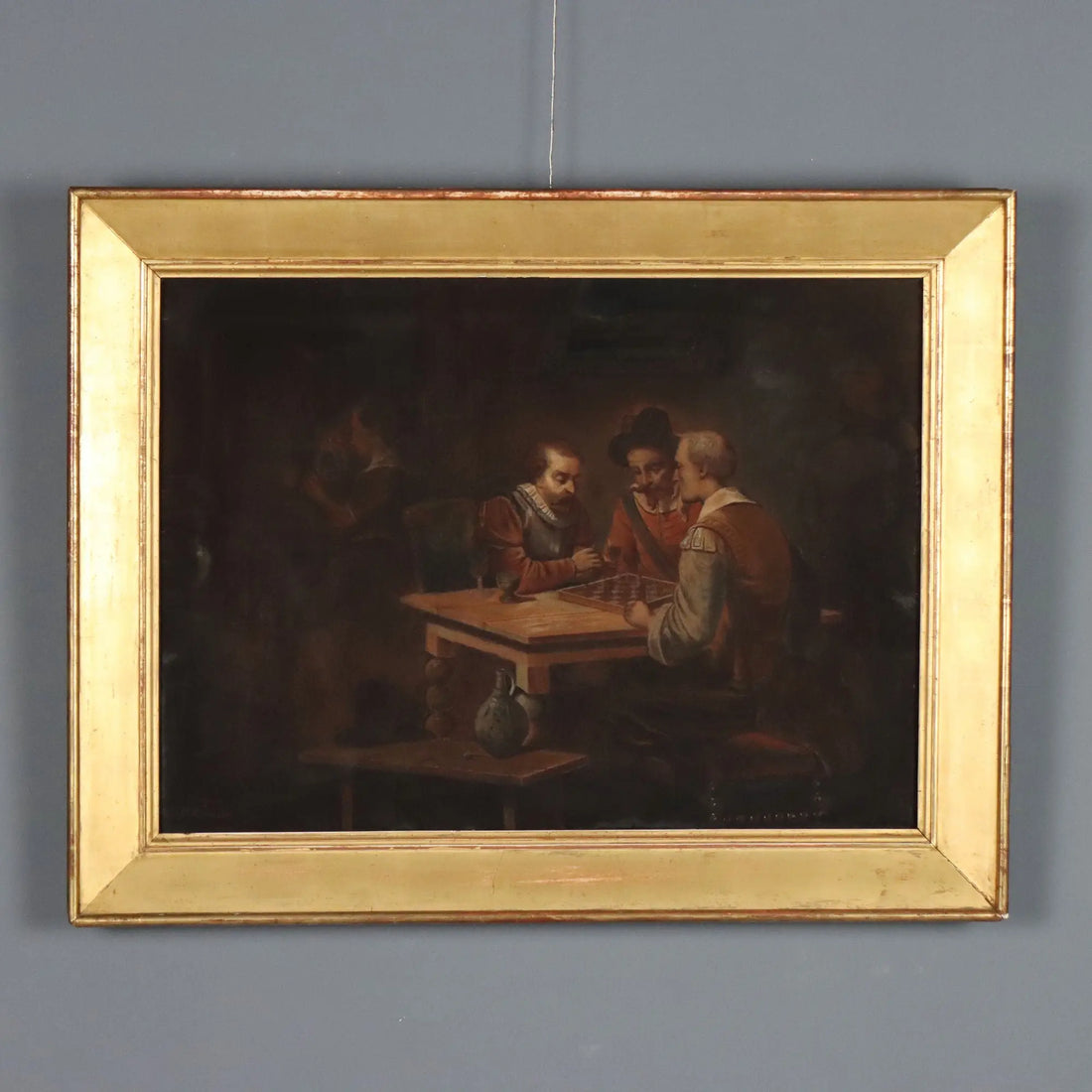 Antique Painting The Chess Players Crayons on Paper XIX Century