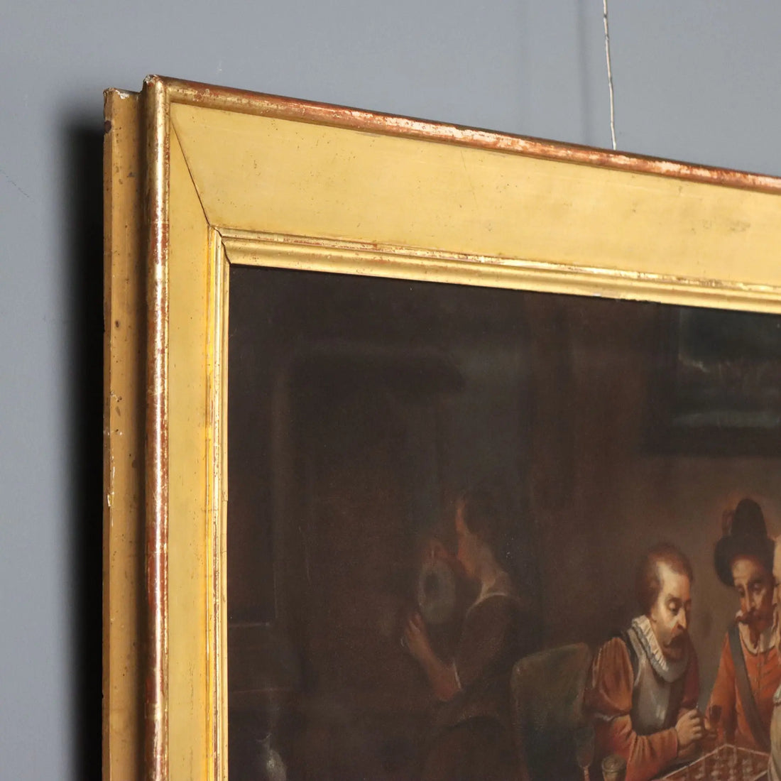 Antique Painting The Chess Players Crayons on Paper XIX Century