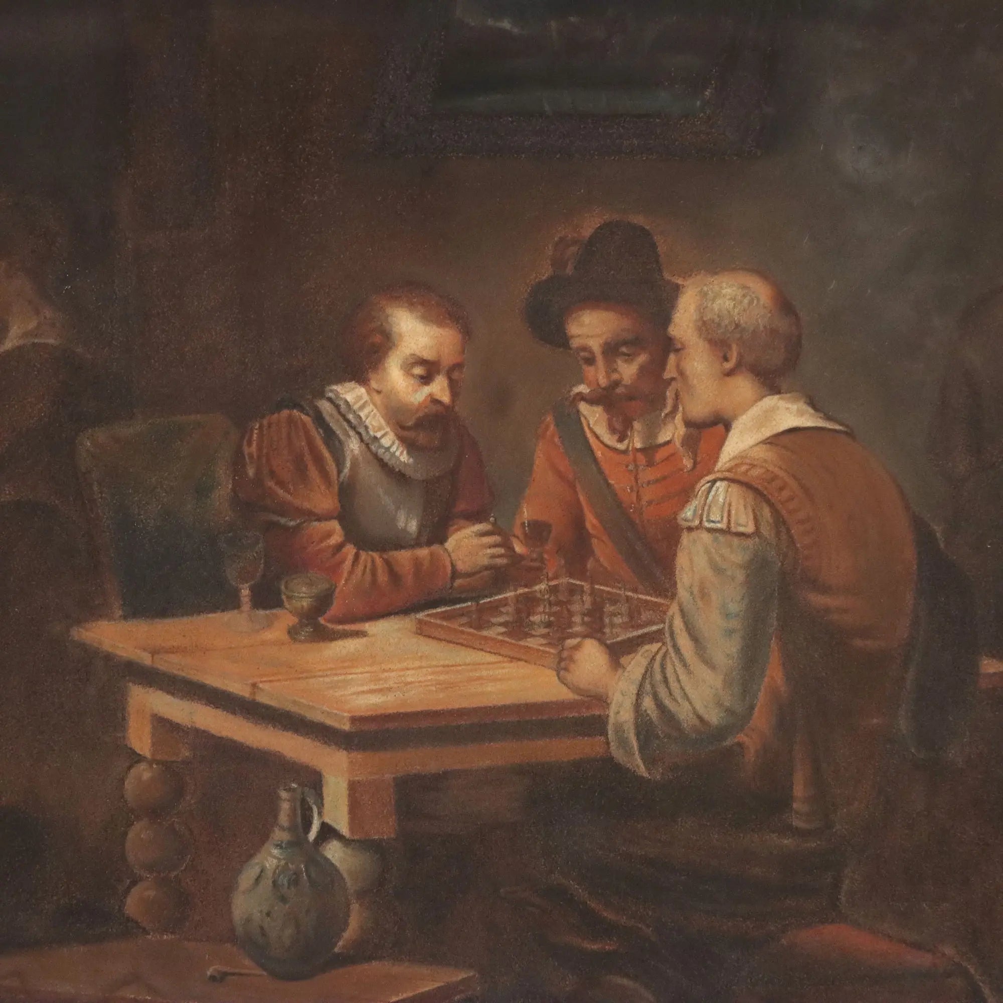 Antique Painting The Chess Players Crayons on Paper XIX Century