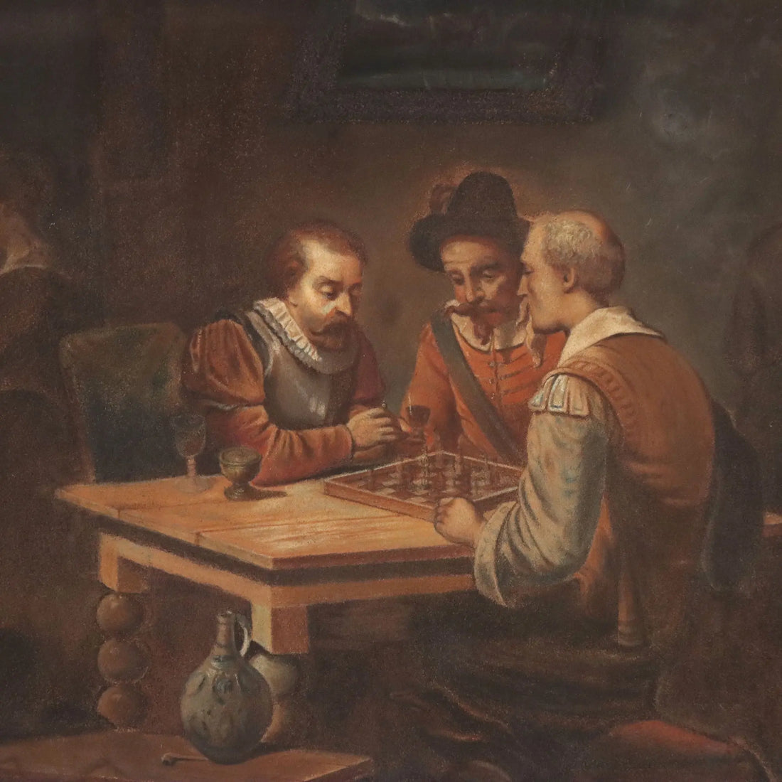 Antique Painting The Chess Players Crayons on Paper XIX Century