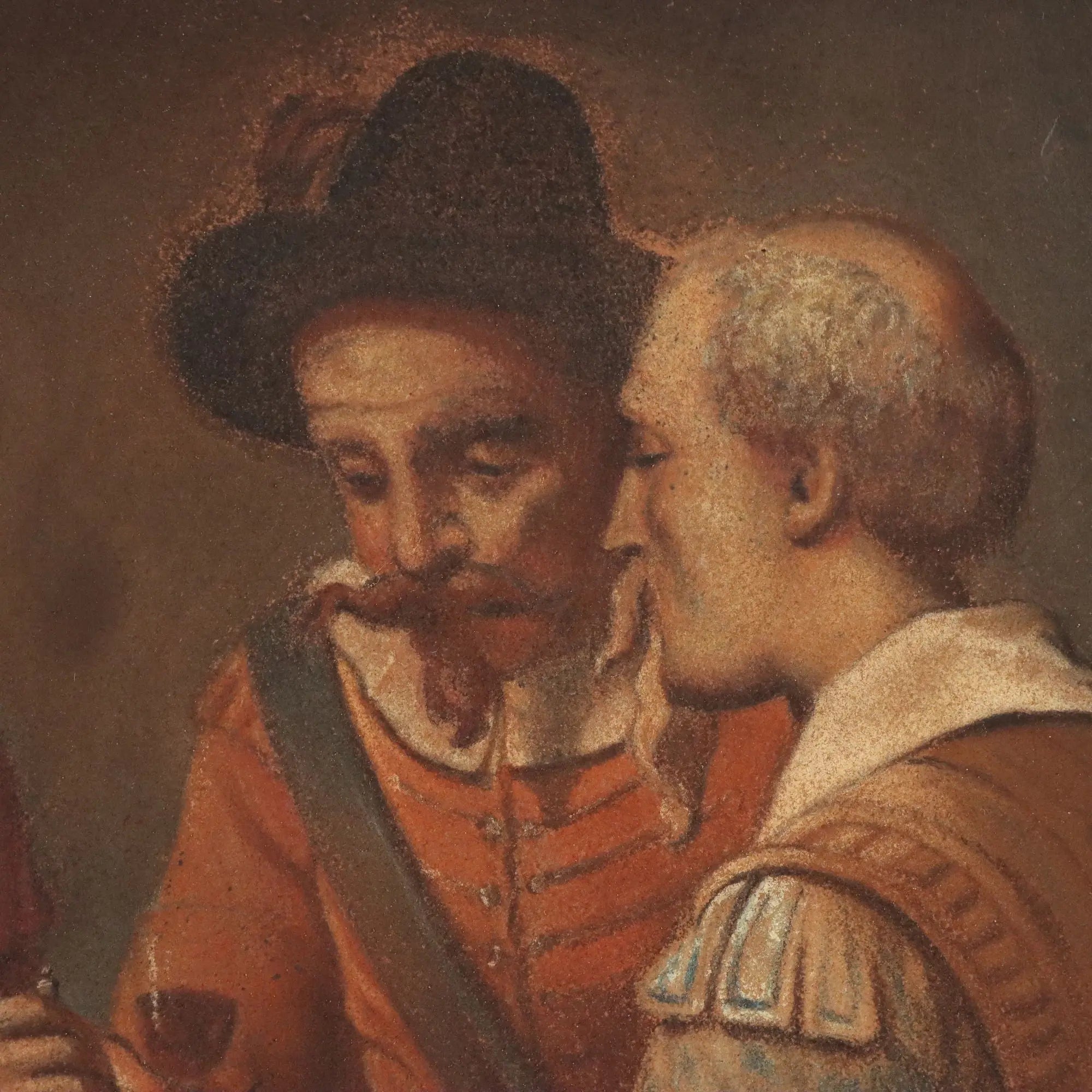 Antique Painting The Chess Players Crayons on Paper XIX Century