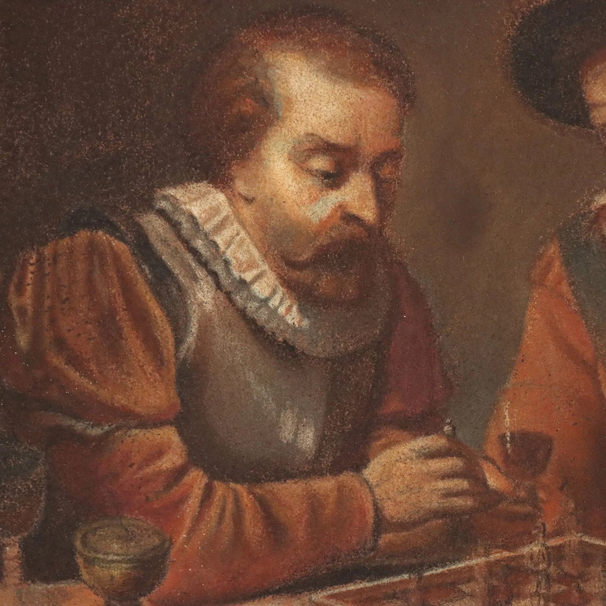 Antique Painting The Chess Players Crayons on Paper XIX Century