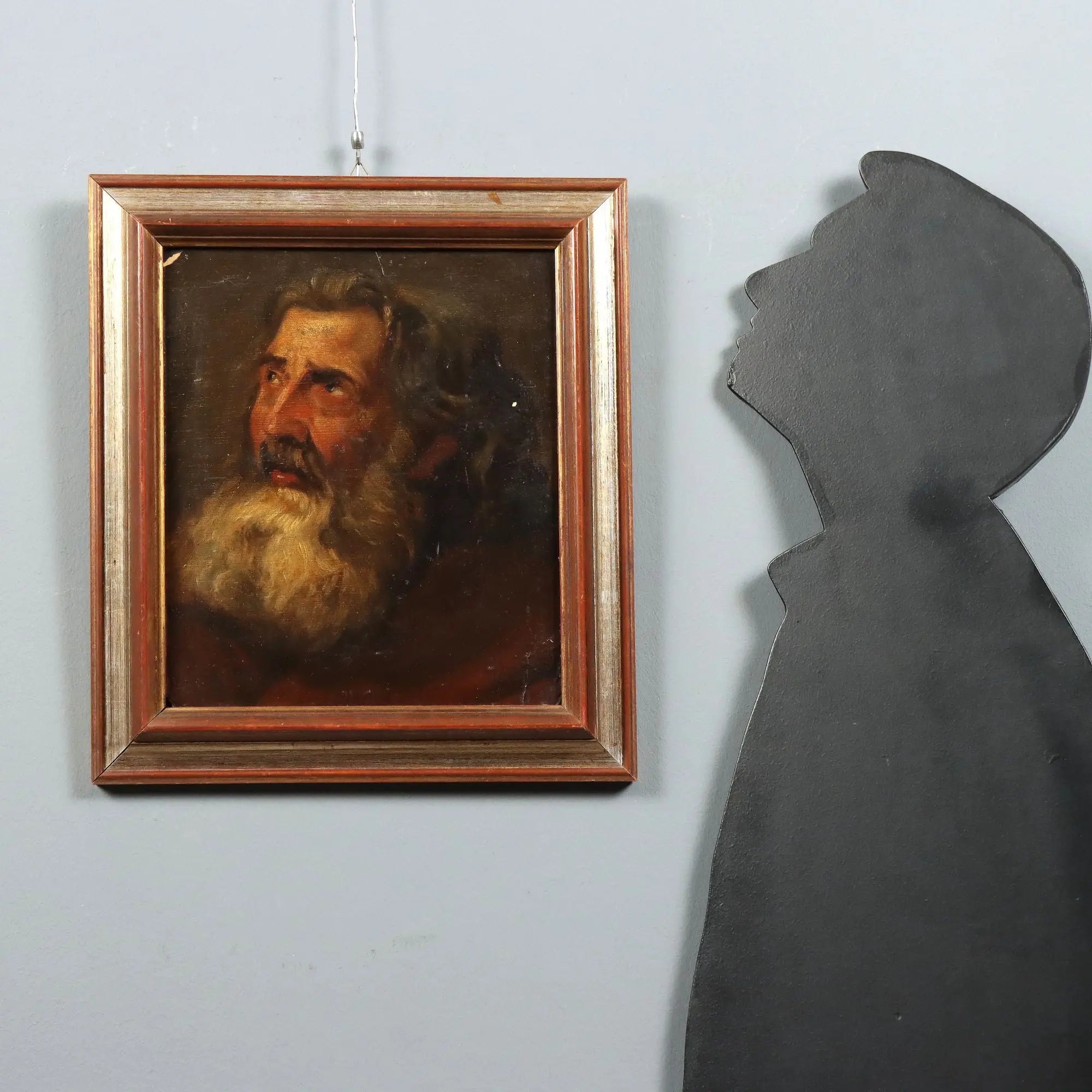 Antique Painting Male Face Oil on Cardboard XIX Century