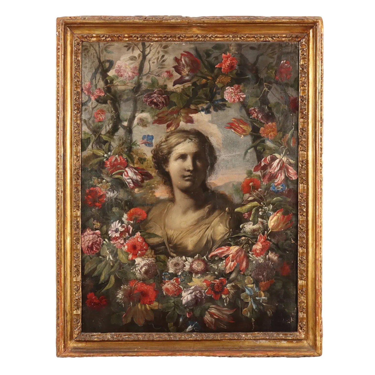 Ancient Painting '600-'700 Female Bust and Flower Garland Canvas | Art | Antique Painting