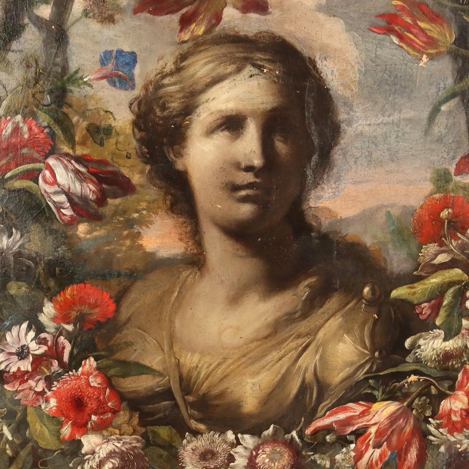 Ancient Painting '600-'700 Female Bust and Flower Garland Canvas | Art | Antique Painting