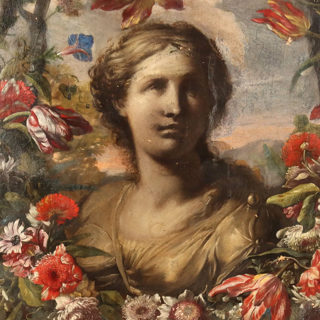 Ancient Painting '600-'700 Female Bust and Flower Garland Canvas | Art | Antique Painting