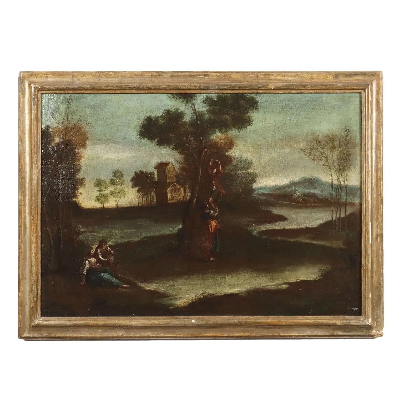 Ancient Painting '700 Landscape with Figures Oil on Canvas Style Frame | Art | Antique Painting