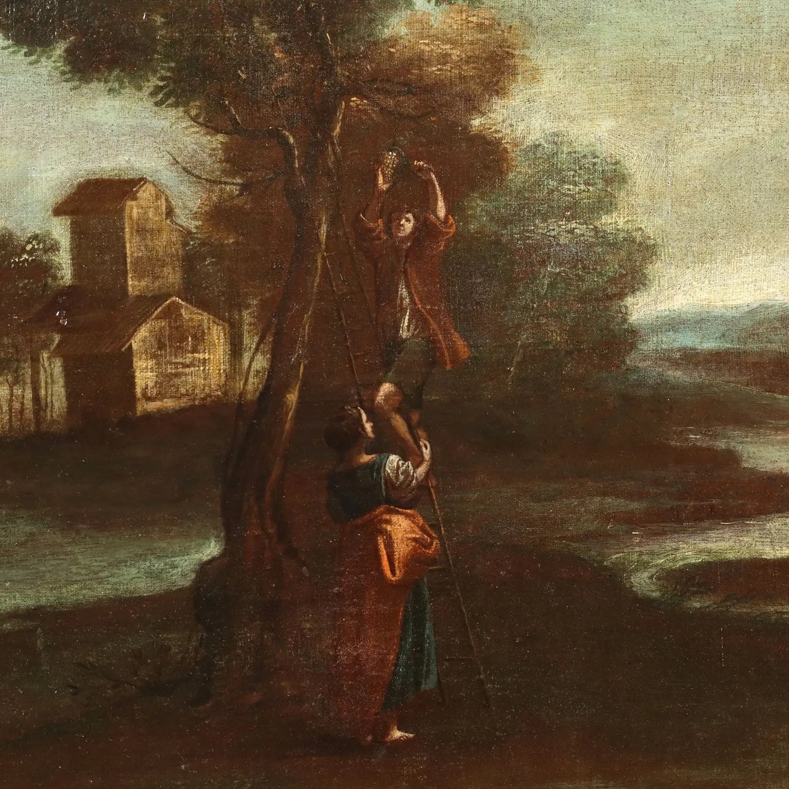 Ancient Painting '700 Landscape with Figures Oil on Canvas Style Frame | Art | Antique Painting