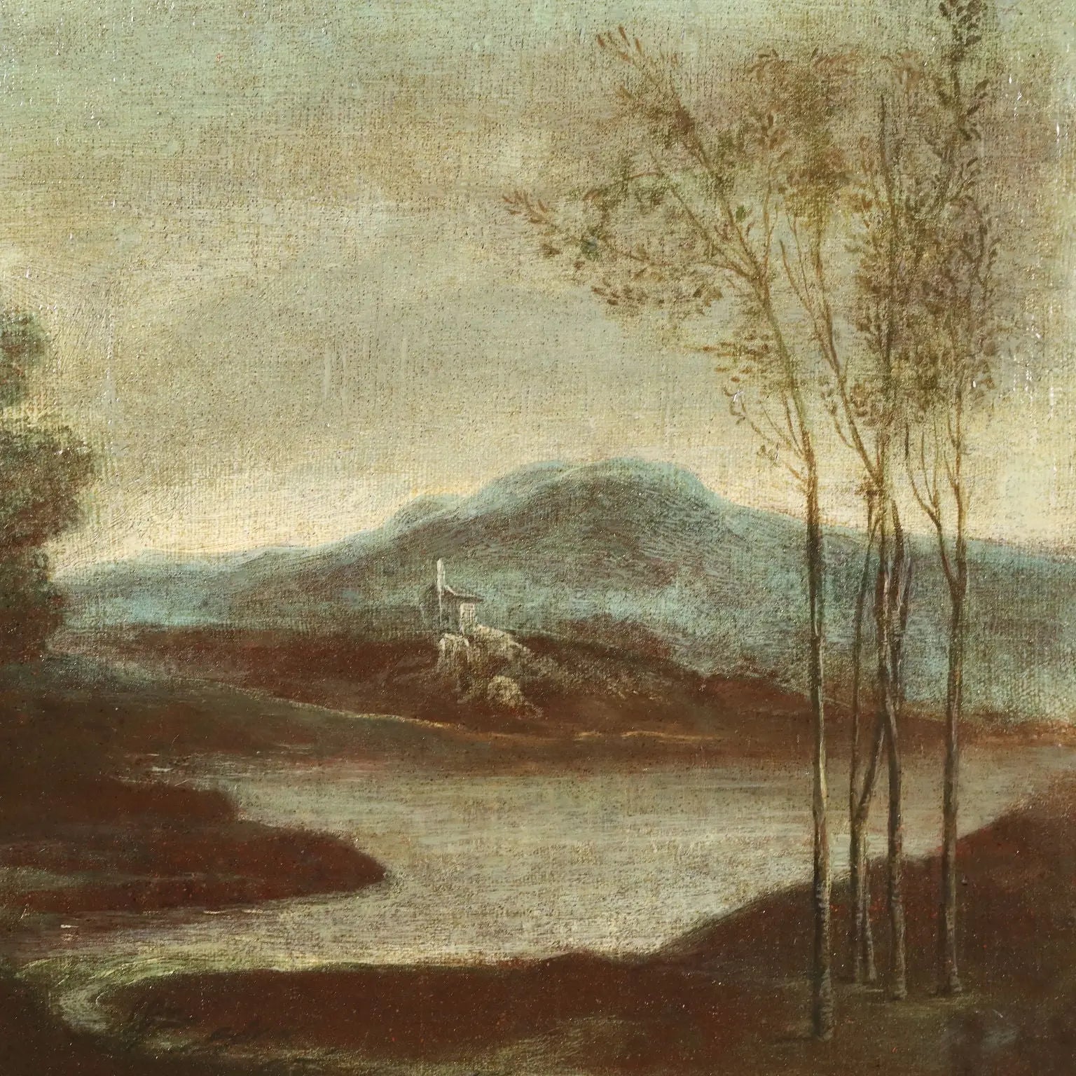 Ancient Painting '700 Landscape with Figures Oil on Canvas Style Frame | Art | Antique Painting