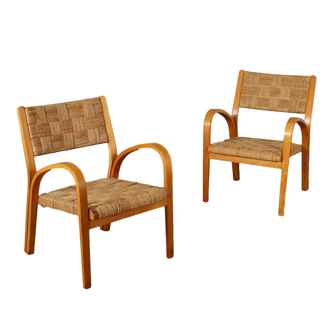 Pair of Vintage 1950s Armchair Beech Woven Rope Italy | Modernism | Armchairs