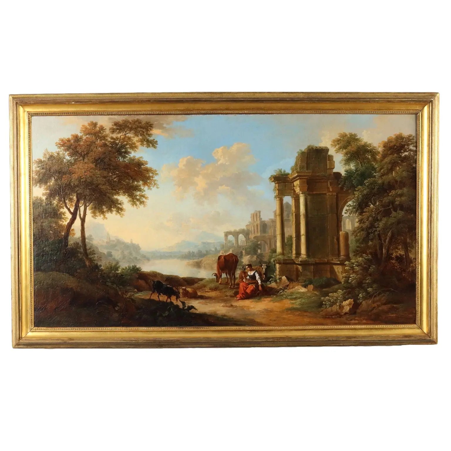 Antique Painting Signed Christian Georg Schütz I Landscape '700 - River Landscape with Shepherdess and Ruins | Art | Antique Painting