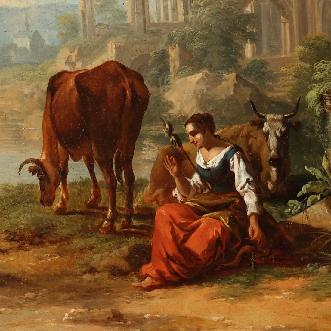 Antique Painting Signed Christian Georg Schütz I Landscape '700 - River Landscape with Shepherdess and Ruins | Art | Antique Painting
