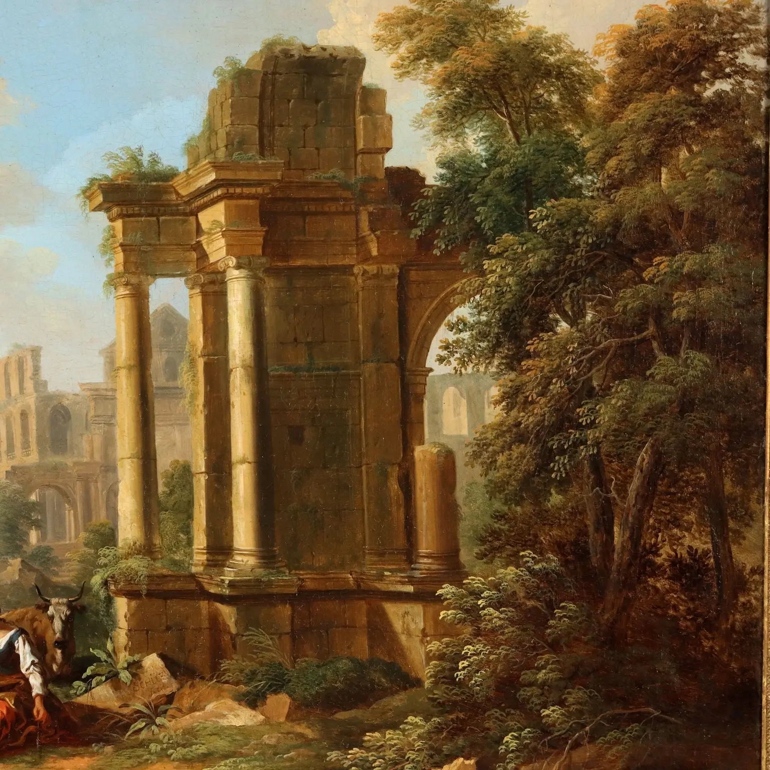 Antique Painting Signed Christian Georg Schütz I Landscape '700 - River Landscape with Shepherdess and Ruins | Art | Antique Painting