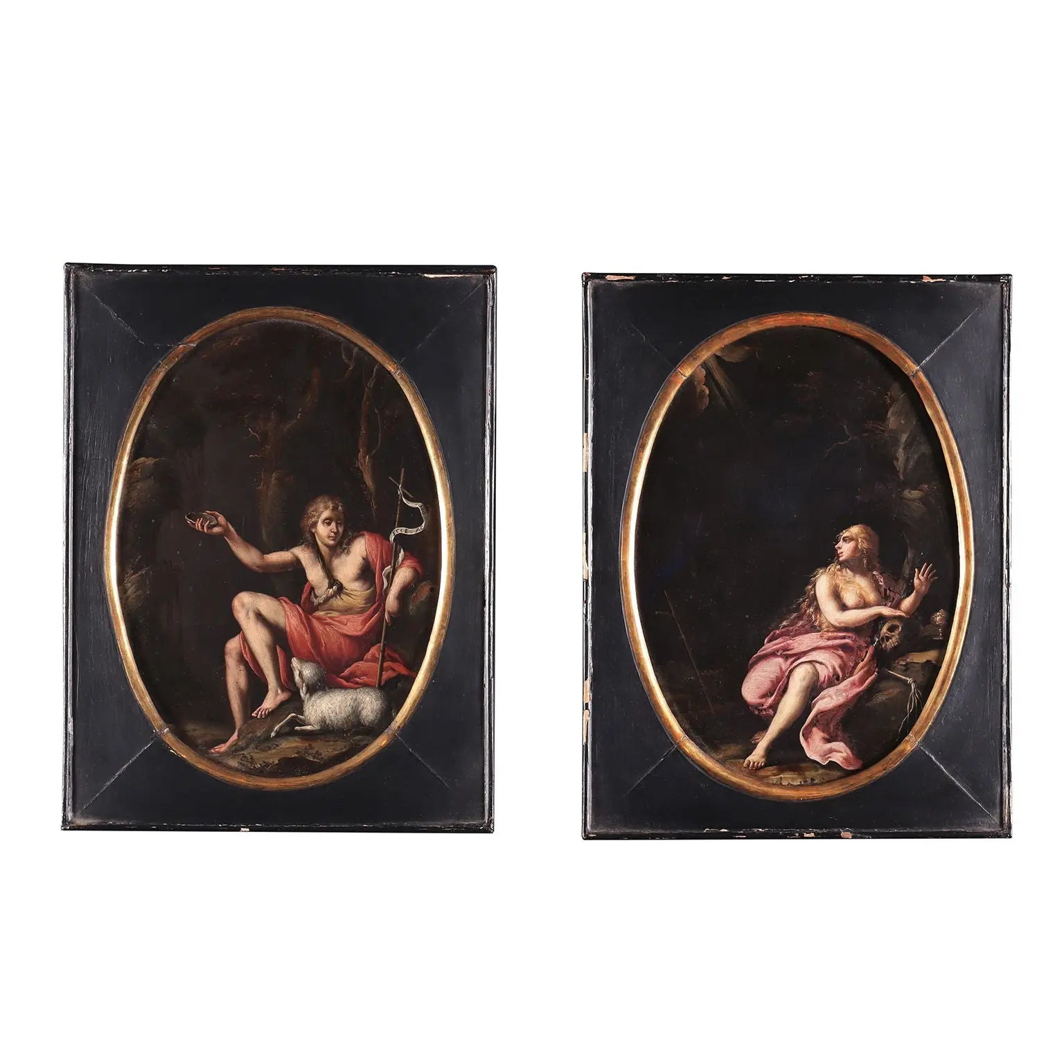 Pair of Antique Paintings on Slate Religious Subject XVII Century - The Penitent Magdalene and St. John the Baptist | Art | Antique Painting
