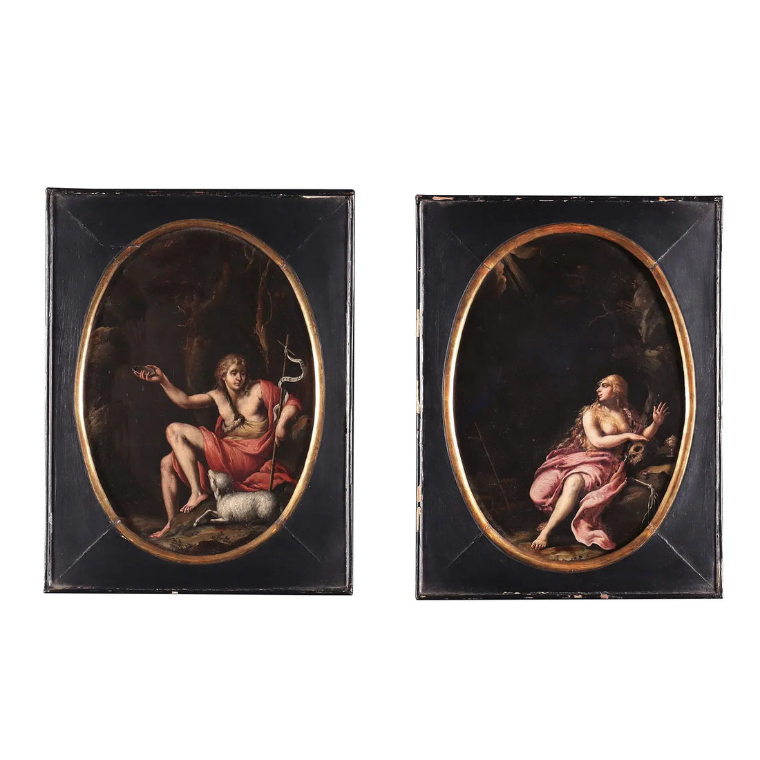 Pair of Antique Paintings on Slate Religious Subject XVII Century - The Penitent Magdalene and St. John the Baptist | Art | Antique Painting