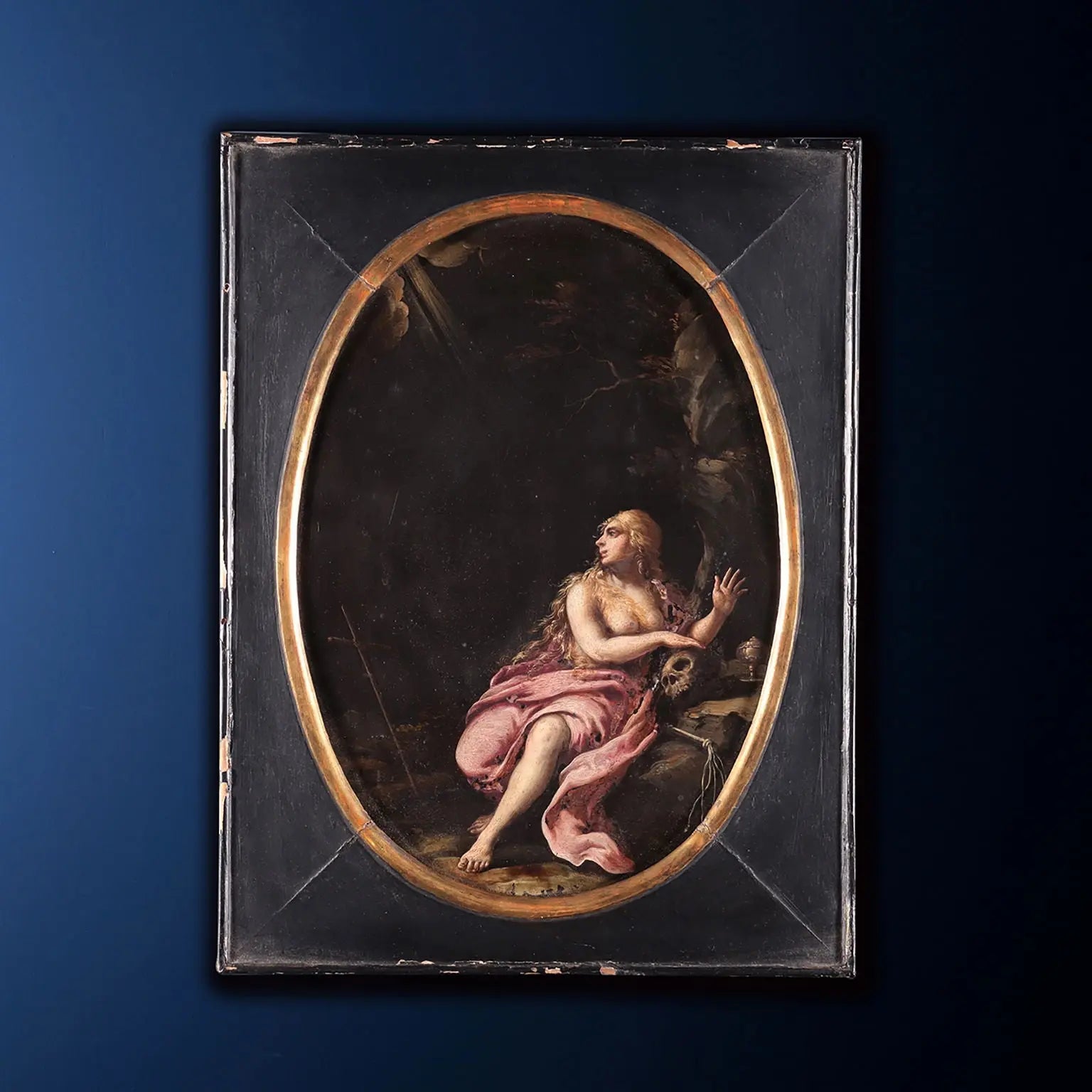 Pair of Antique Paintings on Slate Religious Subject XVII Century - The Penitent Magdalene and St. John the Baptist | Art | Antique Painting