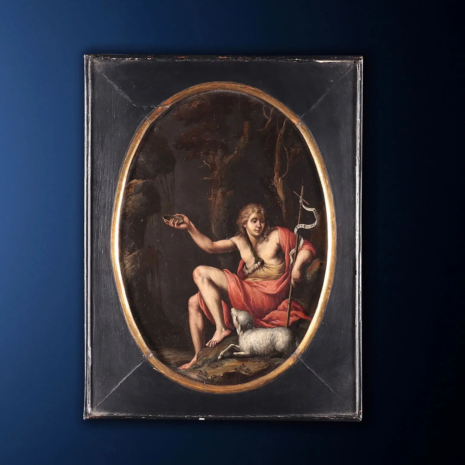 Pair of Antique Paintings on Slate Religious Subject XVII Century - The Penitent Magdalene and St. John the Baptist | Art | Antique Painting
