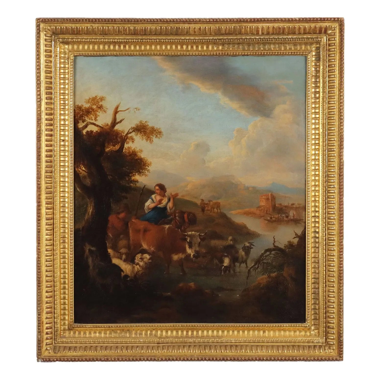 Antique Painting Michiel Caree Oil on Canvas Landscape XVIII Century - Landscape with Shepherds and Herds | Art | Antique Painting