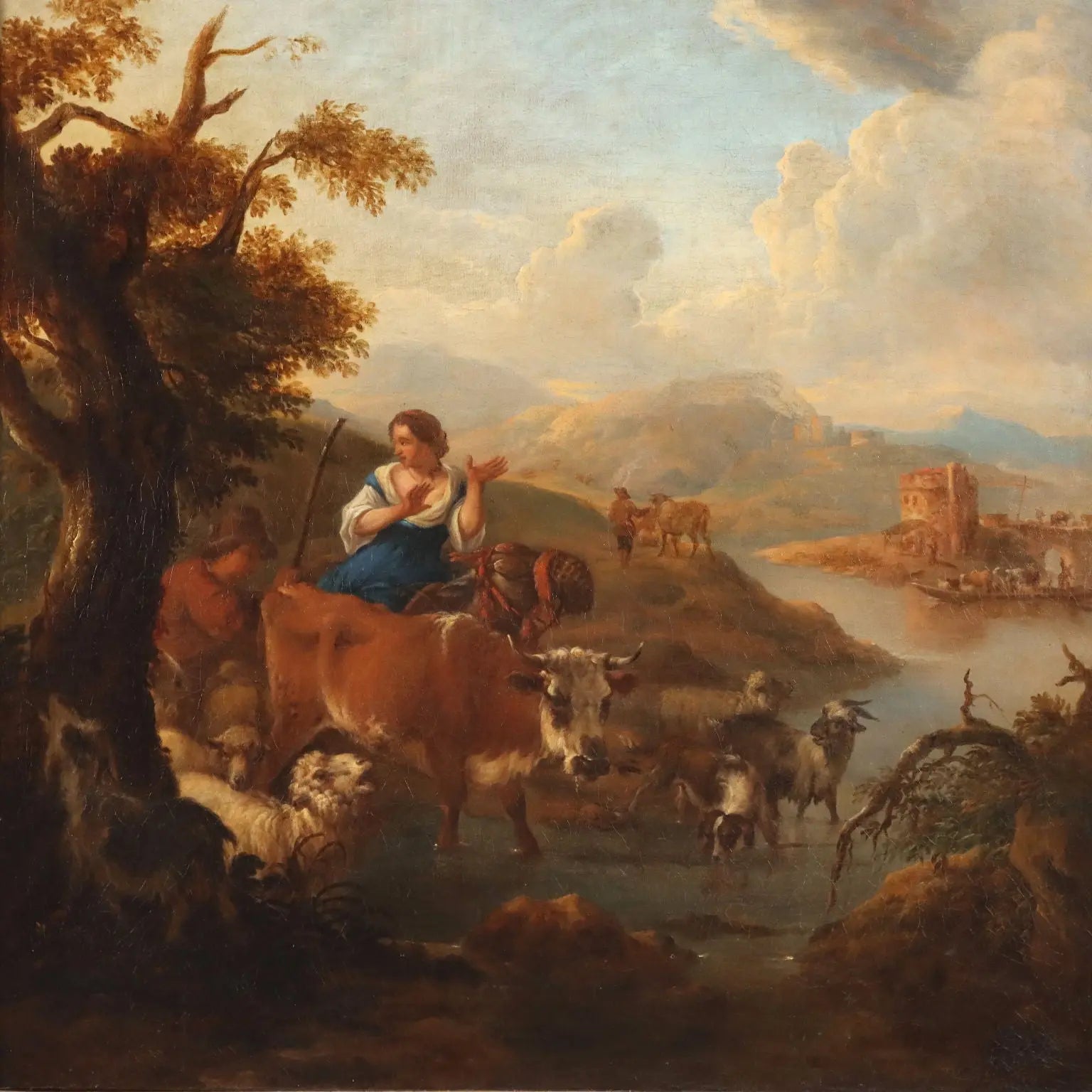 Antique Painting Michiel Caree Oil on Canvas Landscape XVIII Century - Landscape with Shepherds and Herds | Art | Antique Painting