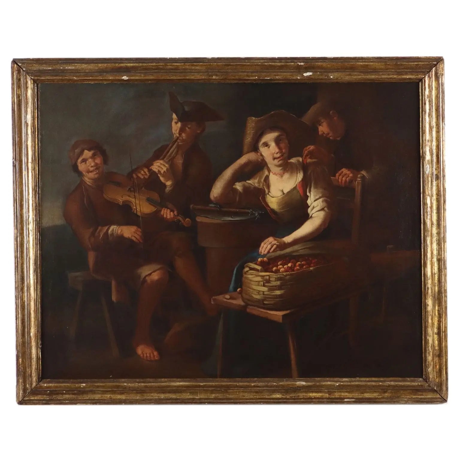 Antique Painting Signed G. Francesco Clipper Oil on Canvas '700 - A Cherry Seller Being Courted by Two Musicians ca. 1720 | Art | Antique Painting