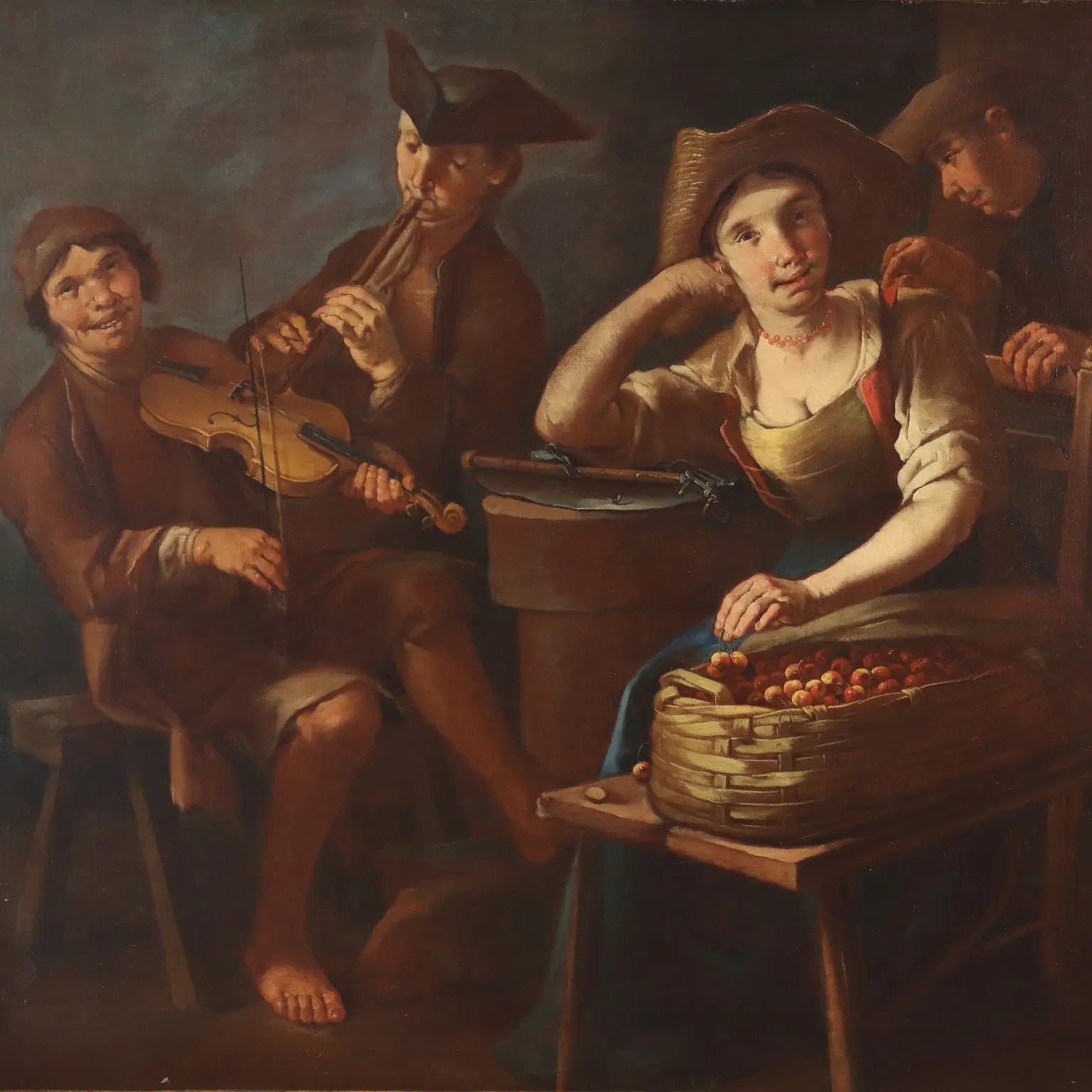 Antique Painting Signed G. Francesco Clipper Oil on Canvas '700 - A Cherry Seller Being Courted by Two Musicians ca. 1720 | Art | Antique Painting