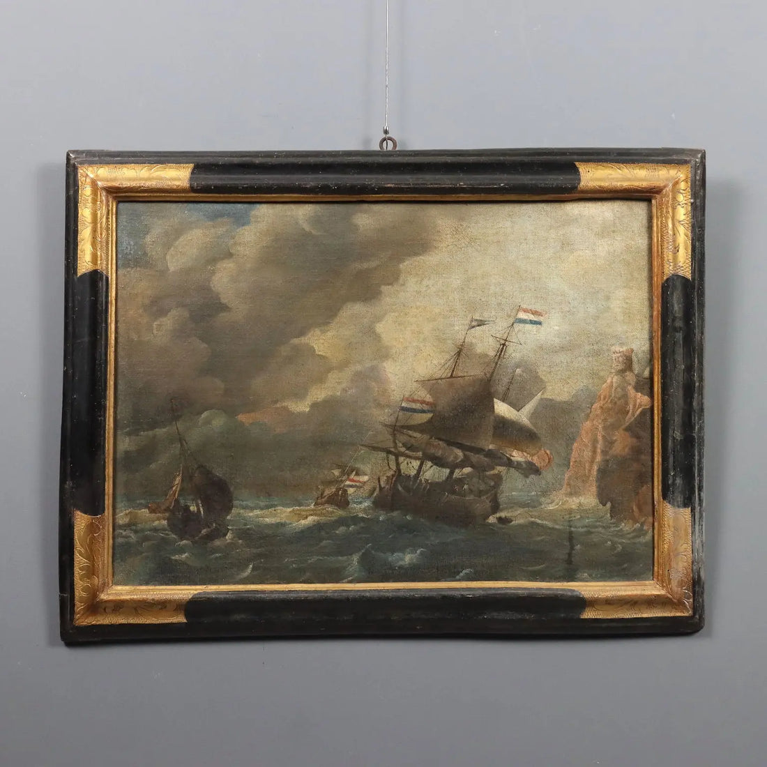 Antique Painting Stormy Sea with Sailing Ships Oil on Canvas '700 | Art | Antique Painting