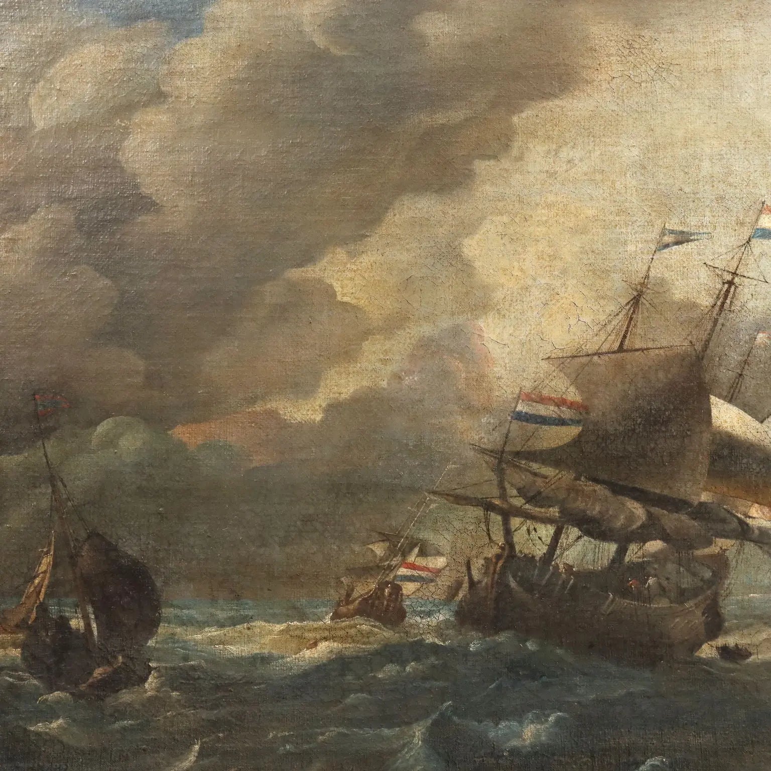 Antique Painting Stormy Sea with Sailing Ships Oil on Canvas '700 | Art | Antique Painting