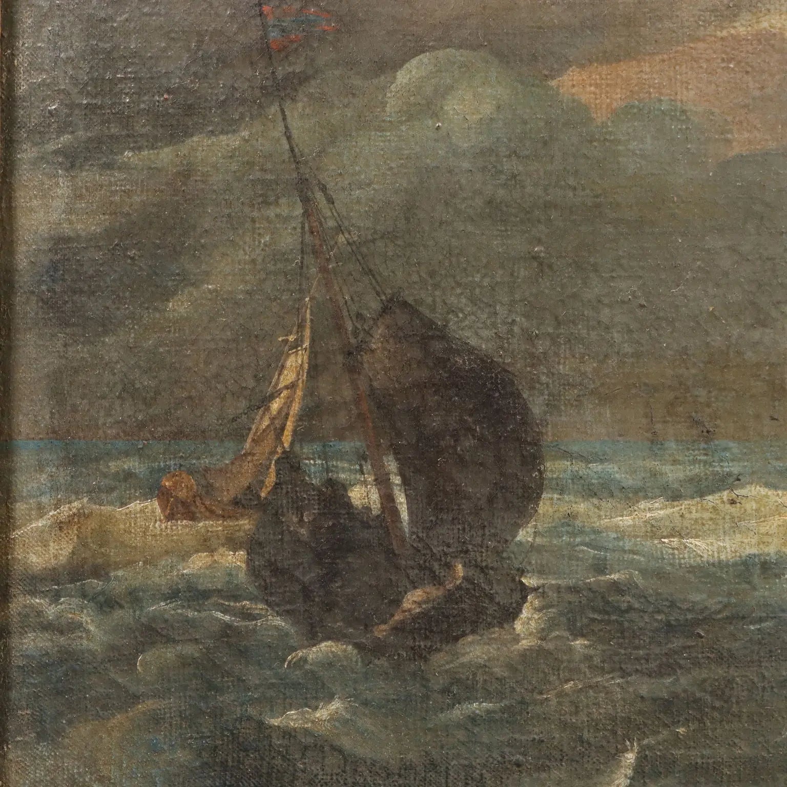 Antique Painting Stormy Sea with Sailing Ships Oil on Canvas '700 | Art | Antique Painting