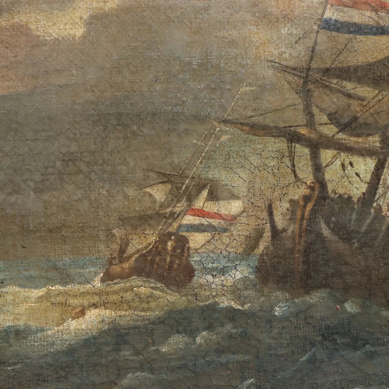 Antique Painting Stormy Sea with Sailing Ships Oil on Canvas '700 | Art | Antique Painting
