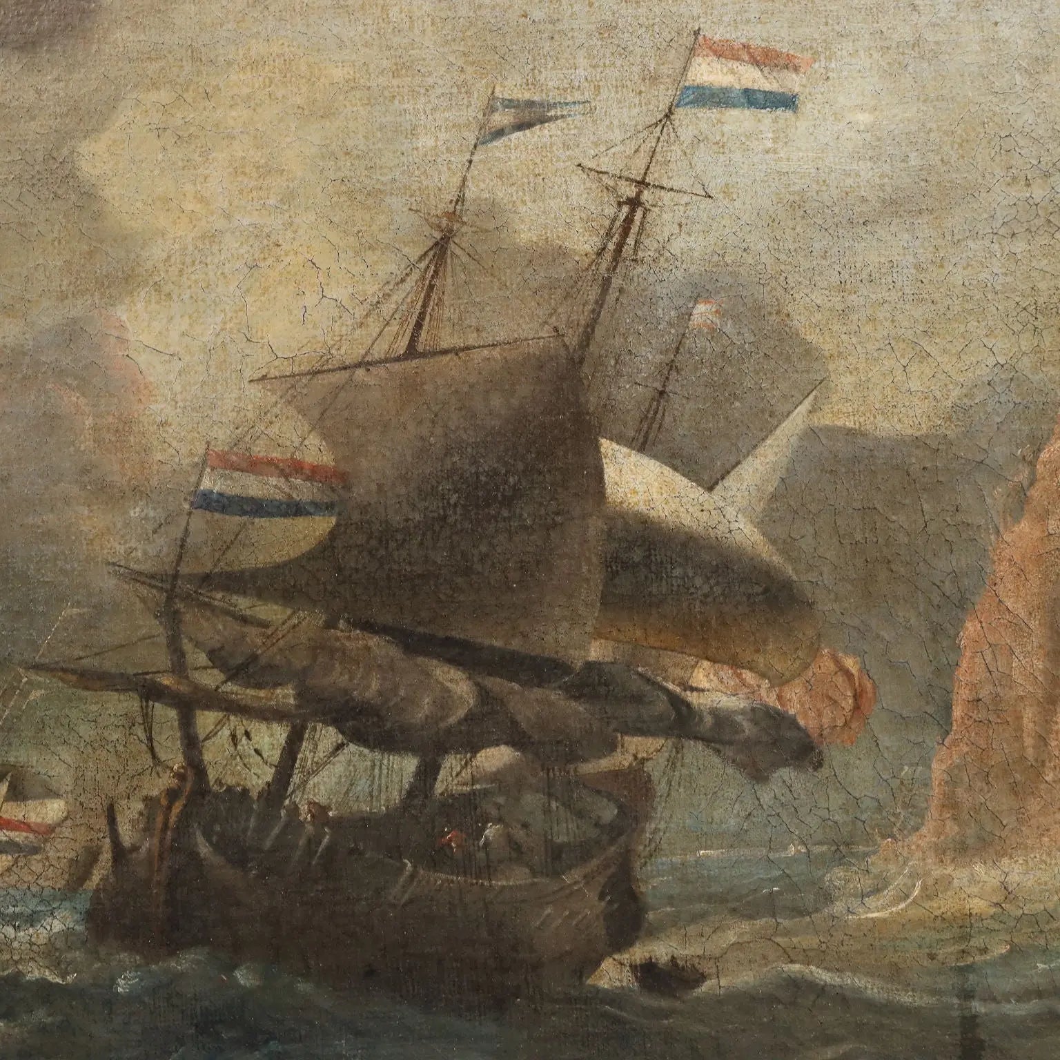 Antique Painting Stormy Sea with Sailing Ships Oil on Canvas '700 | Art | Antique Painting
