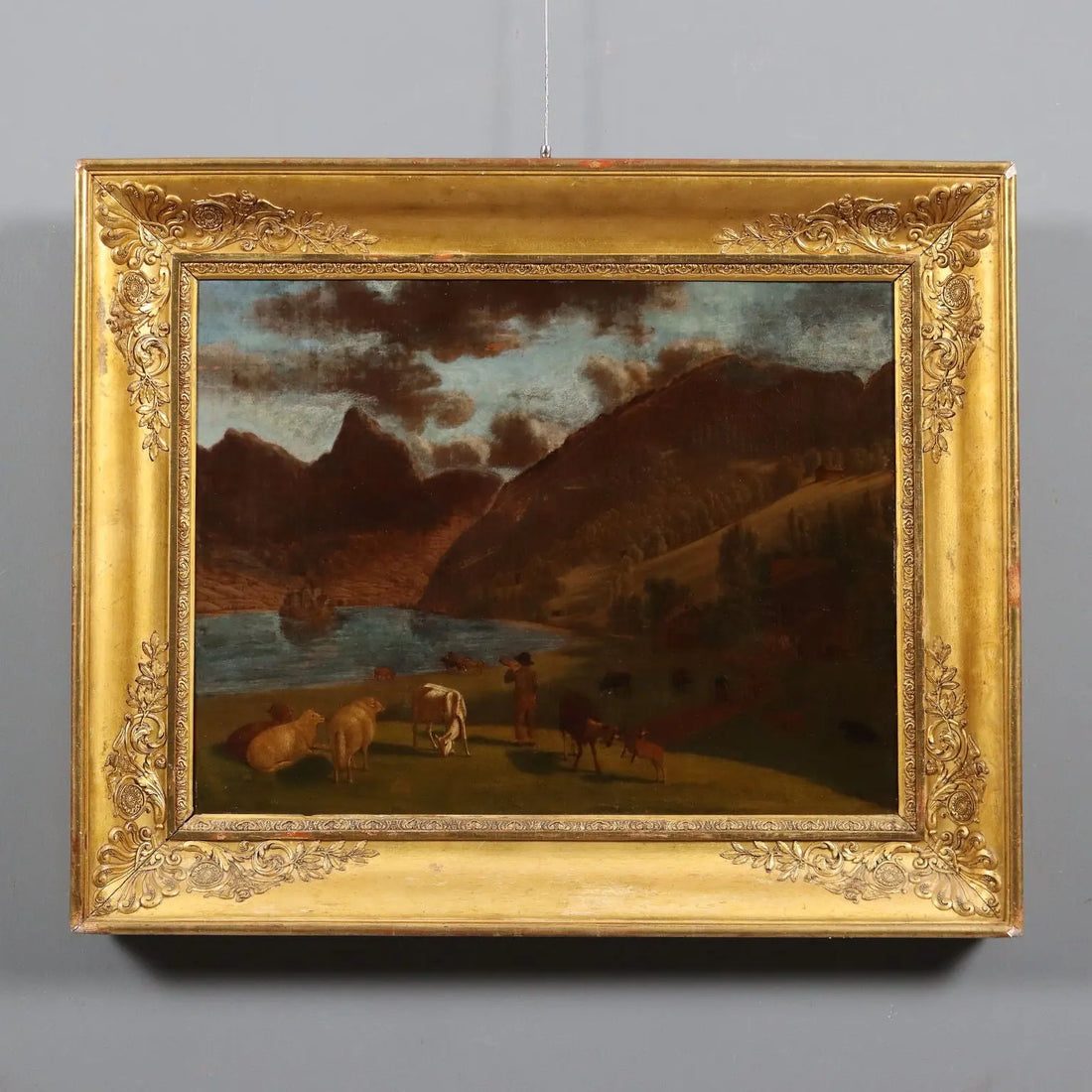 Antique Painting Signed E. Rudolf Biedermann XIX Century - Mountain Landscape with Herd | Art | Antique Painting
