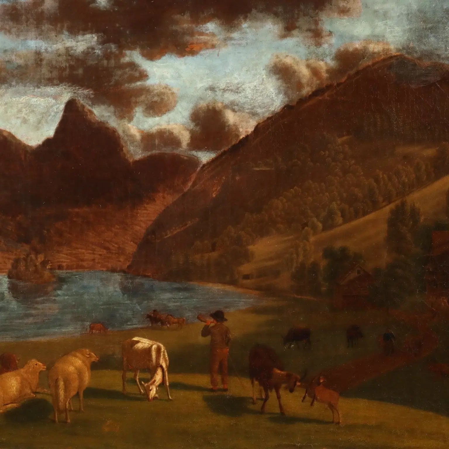 Antique Painting Signed E. Rudolf Biedermann XIX Century - Mountain Landscape with Herd | Art | Antique Painting