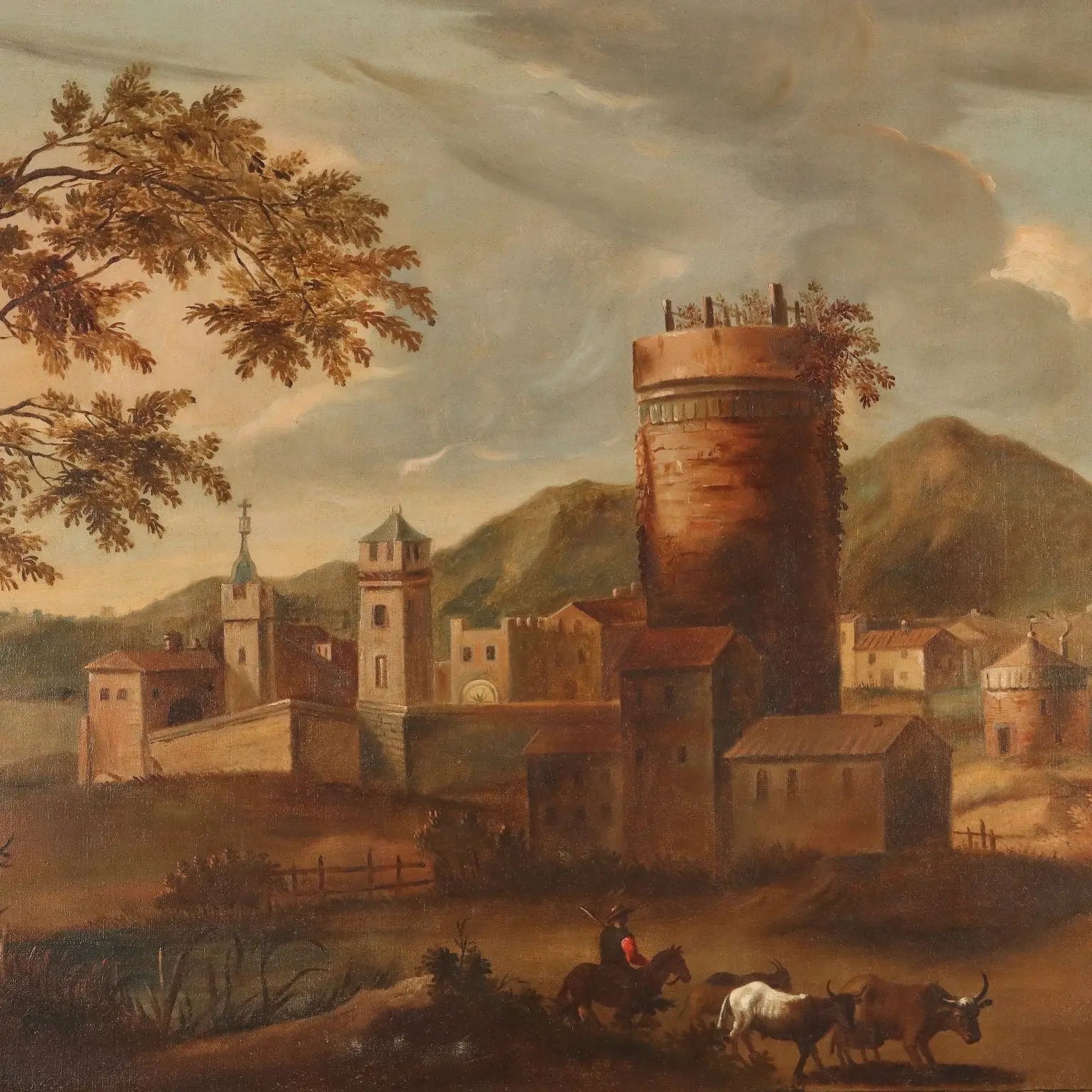 Antique Painting Landscape with Village Oil on Canvas '700 | Art | Antique Painting