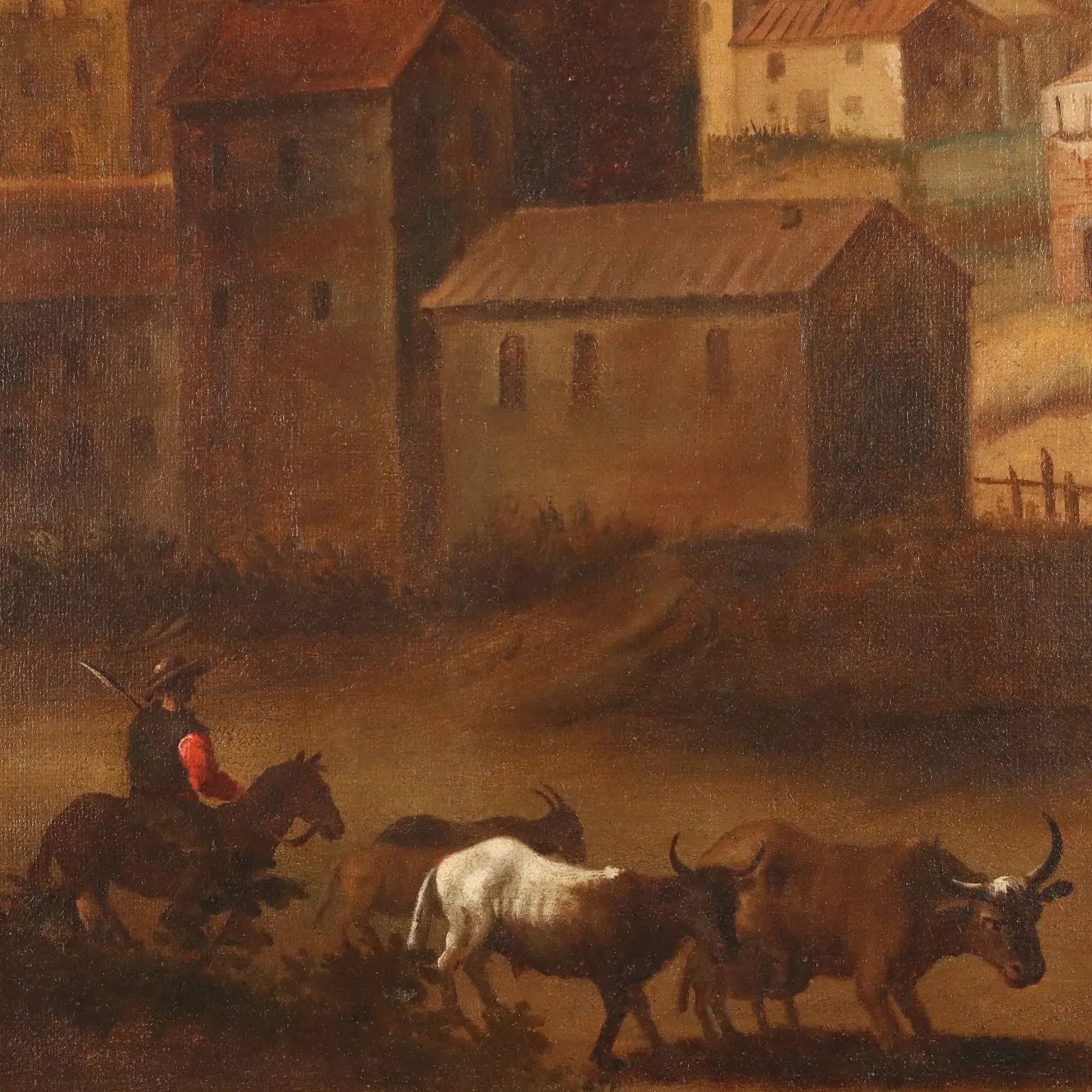 Antique Painting Landscape with Village Oil on Canvas '700 | Art | Antique Painting