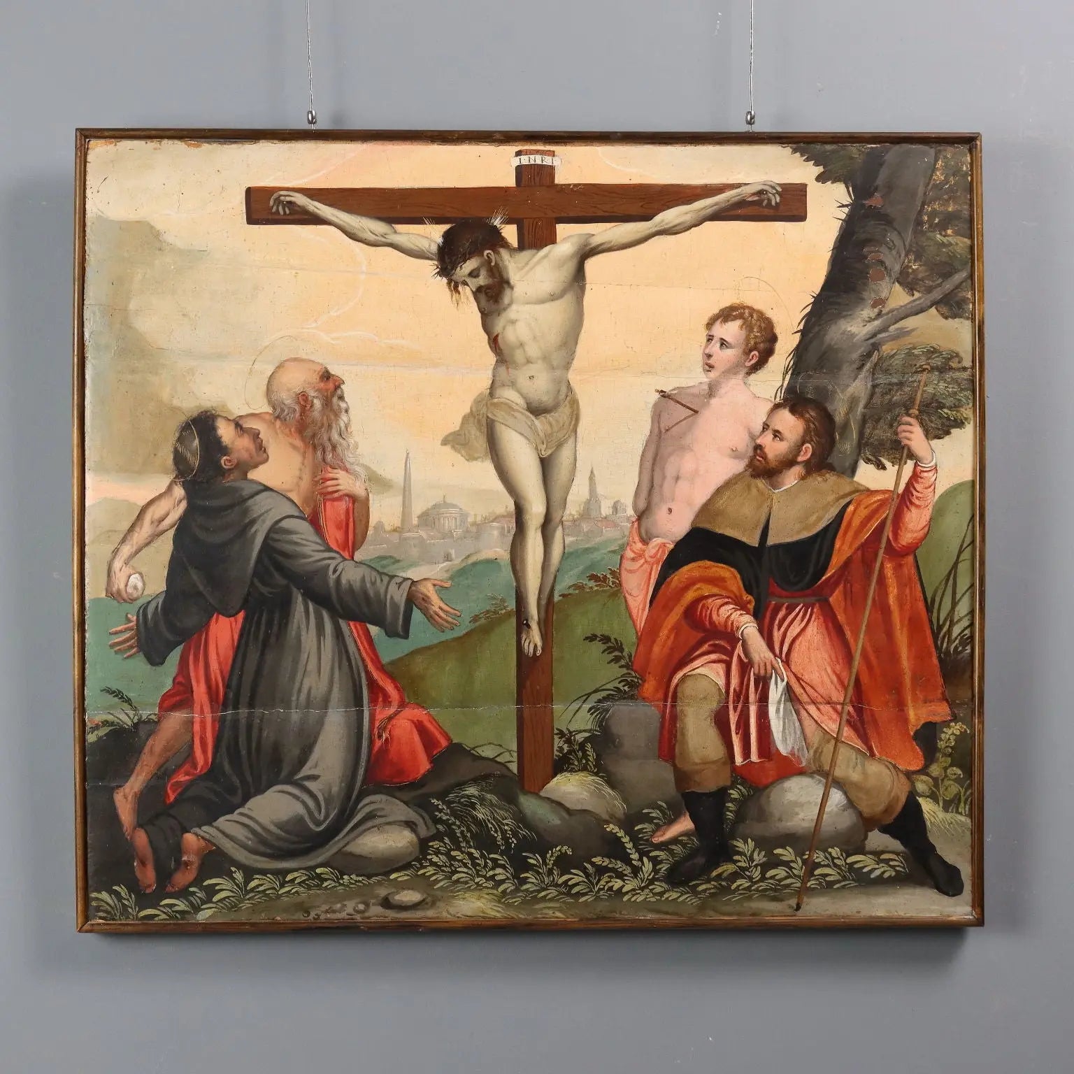 Antique Painting Christ Crucified with Saints Oil on Hardboard '500 | Art | Antique Painting