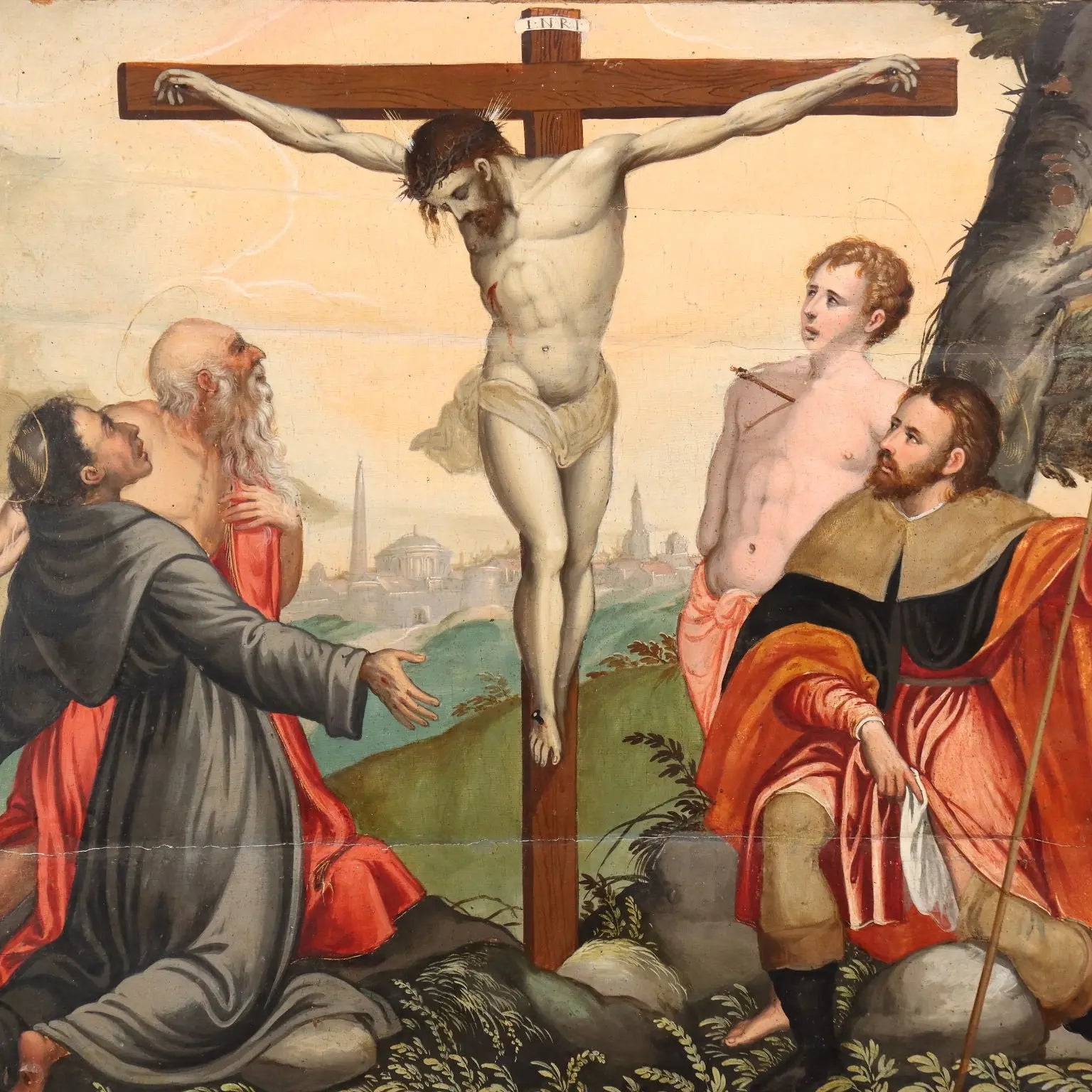 Antique Painting Christ Crucified with Saints Oil on Hardboard '500 | Art | Antique Painting