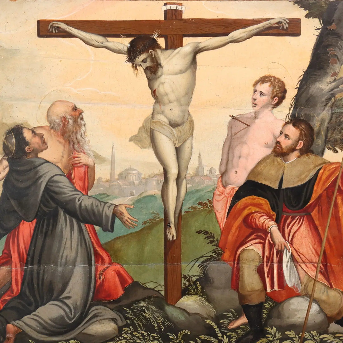 Antique Painting Christ Crucified with Saints Oil on Hardboard '500 | Art | Antique Painting