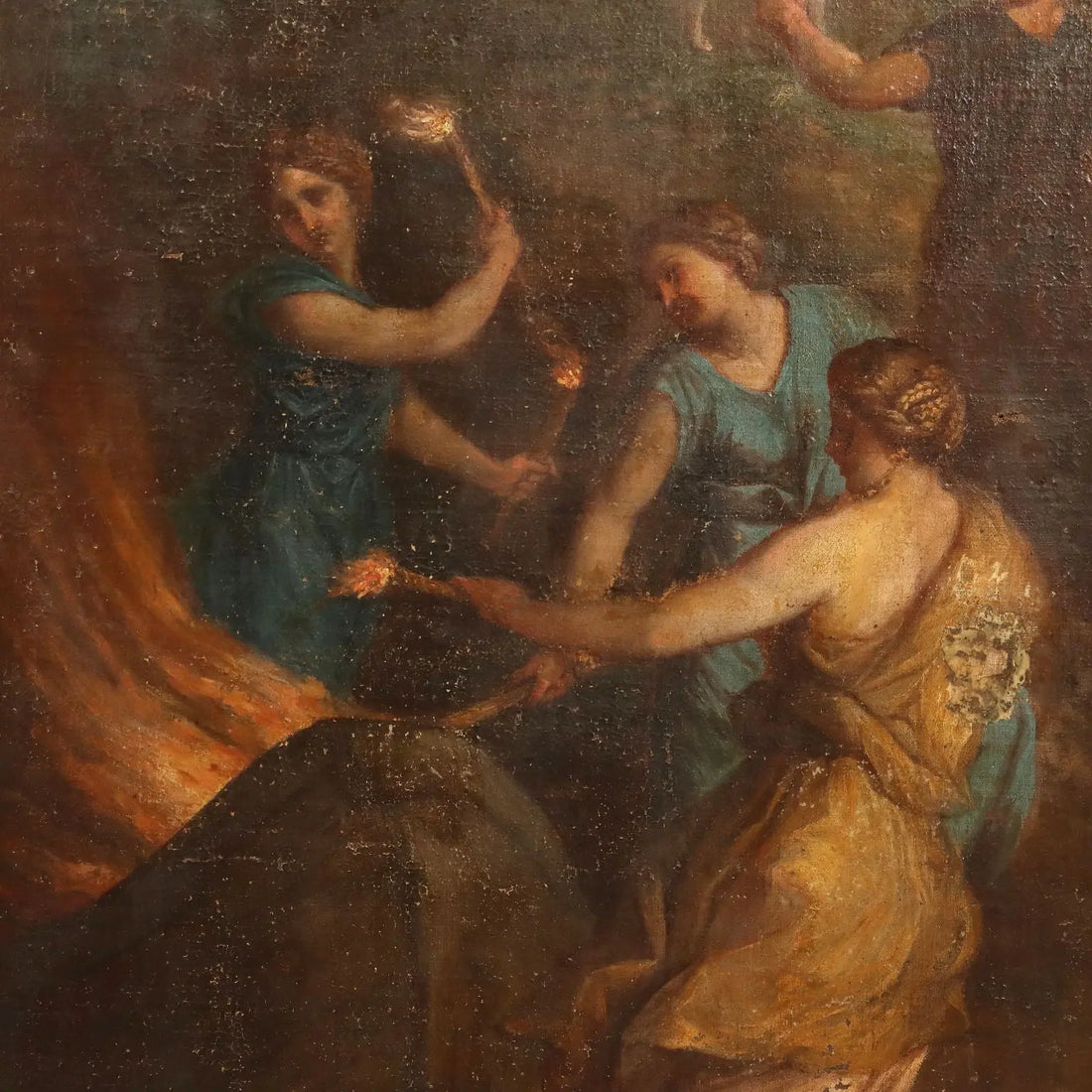 Antique Painting The Nymphs Burning Telemachus' Ship XVII Century