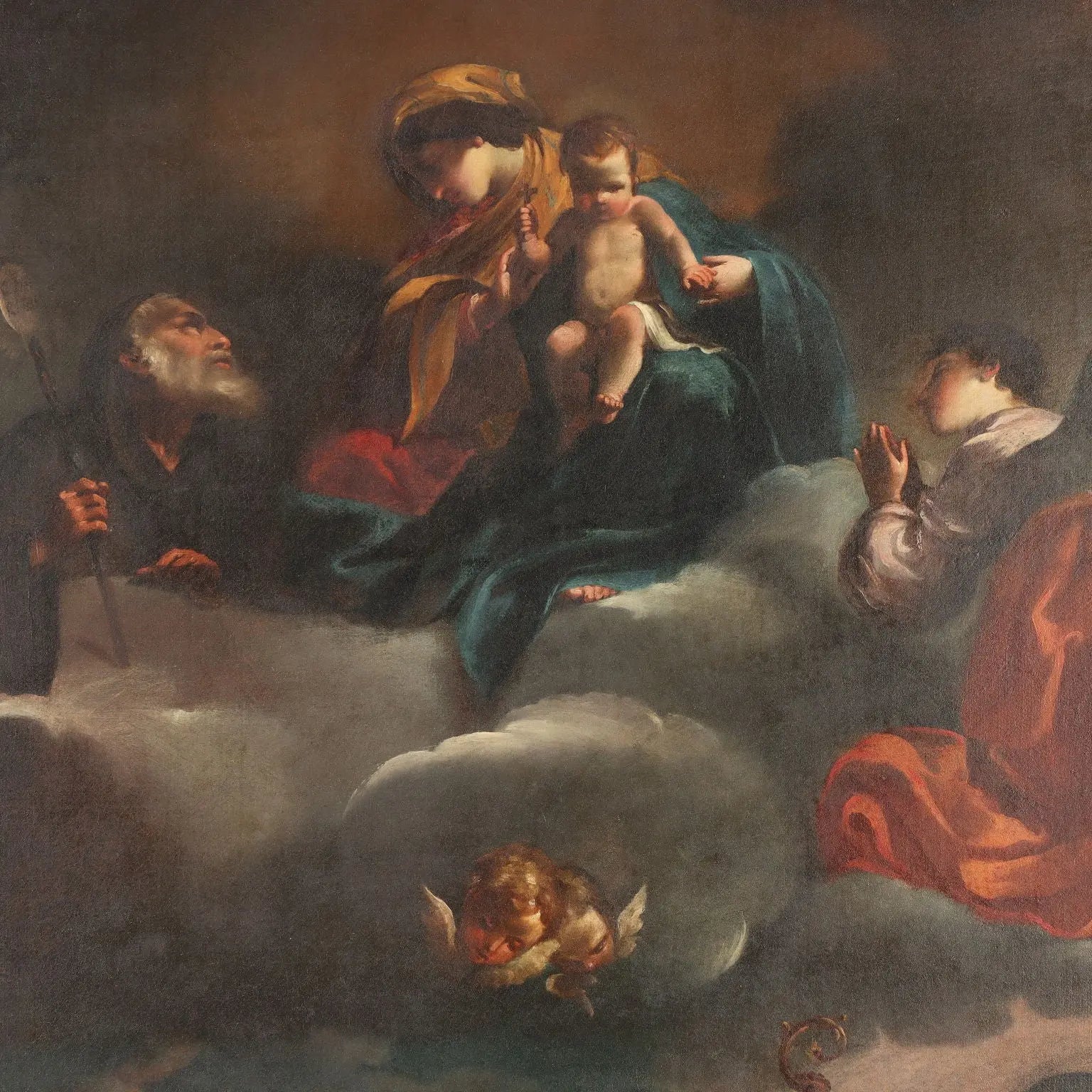 Antique Painting Virgin Mary with Saints Oil on Canvas '600