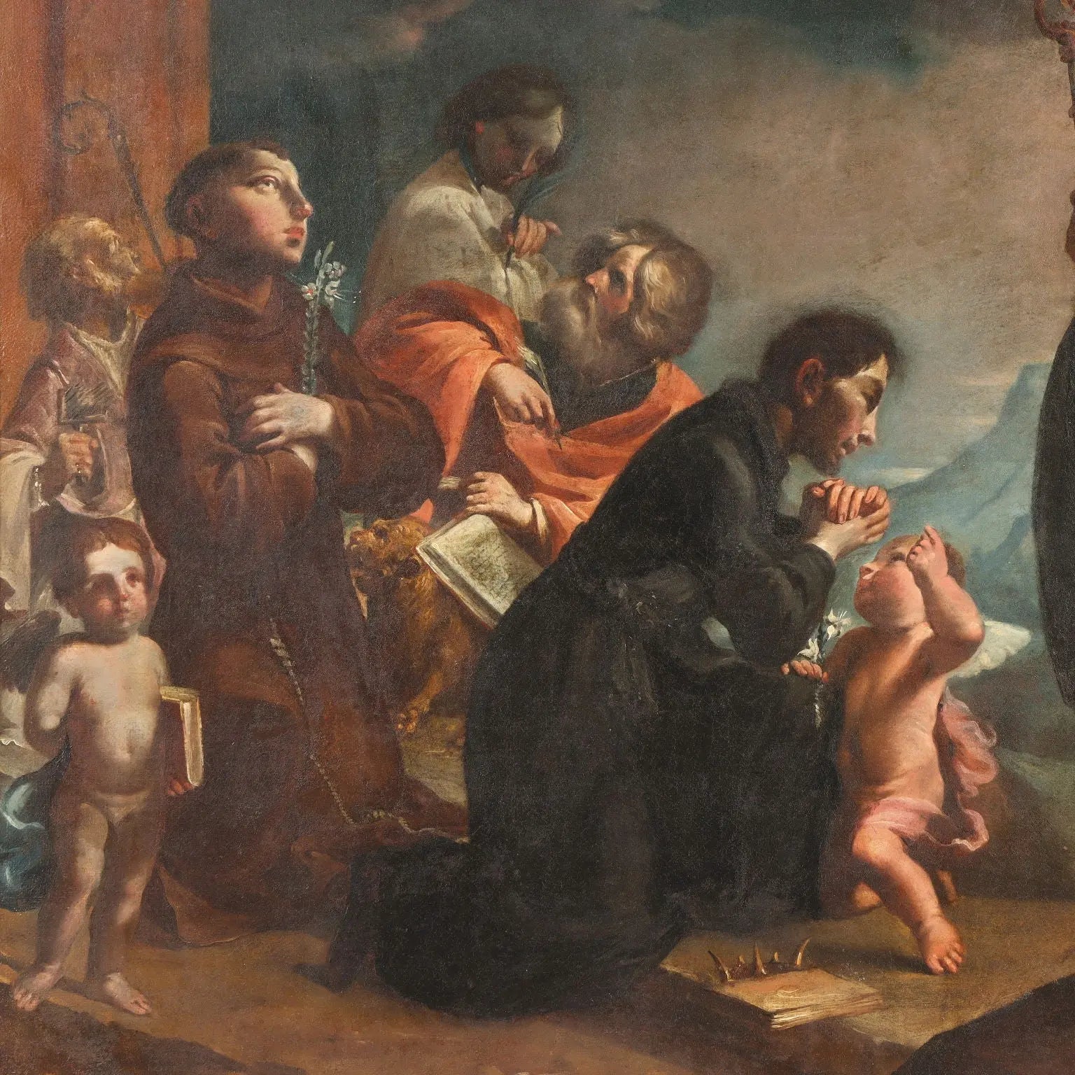 Antique Painting Virgin Mary with Saints Oil on Canvas '600