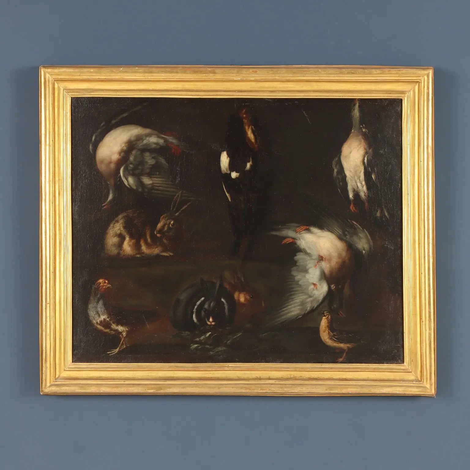 Antique Painting Rabbits and Birds with Game Oil on Canvas XVII Century